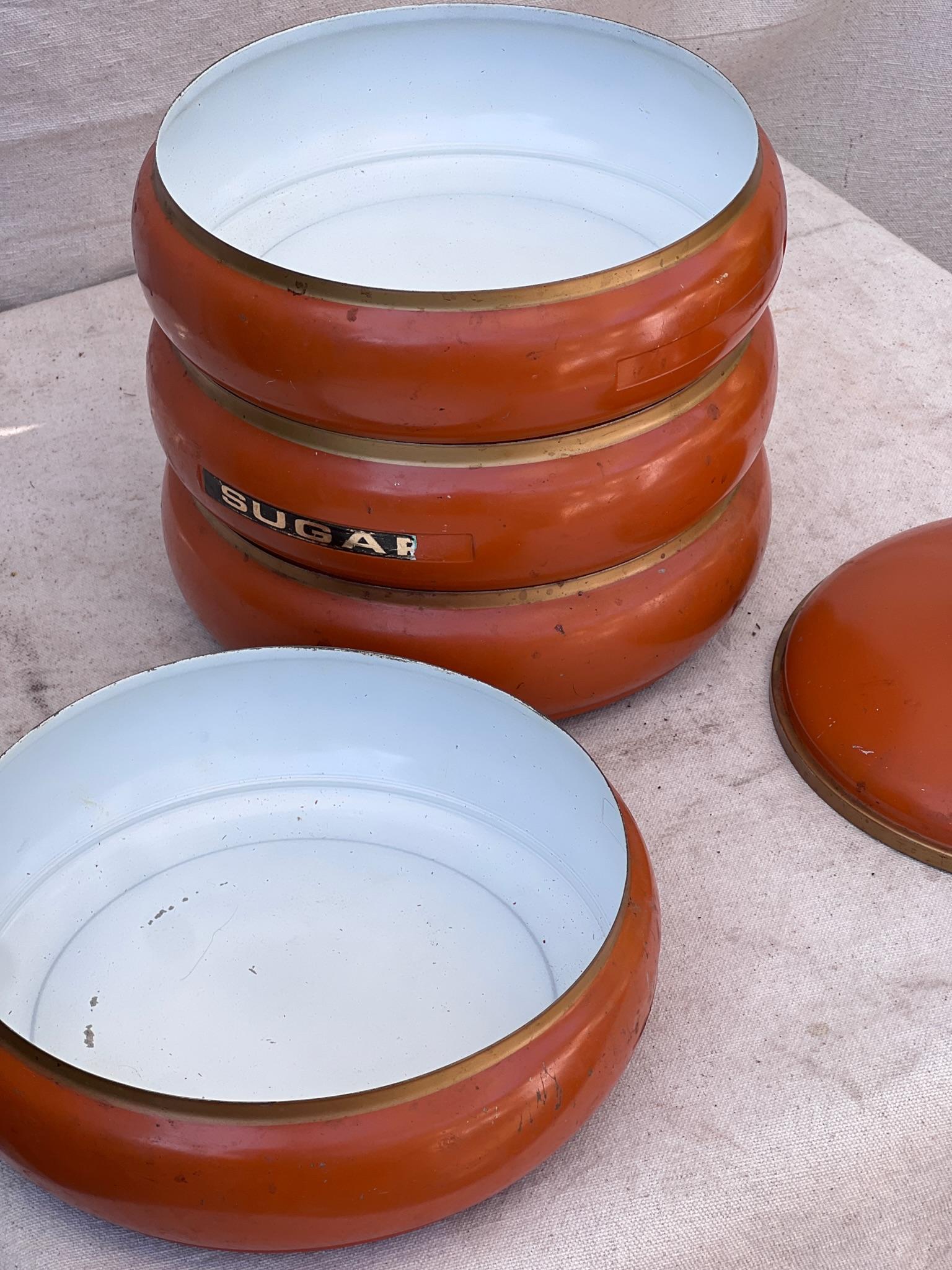 Vintage 1960s Mid-Century Orange Metal Canister Set In Good Condition For Sale In West Hollywood, CA