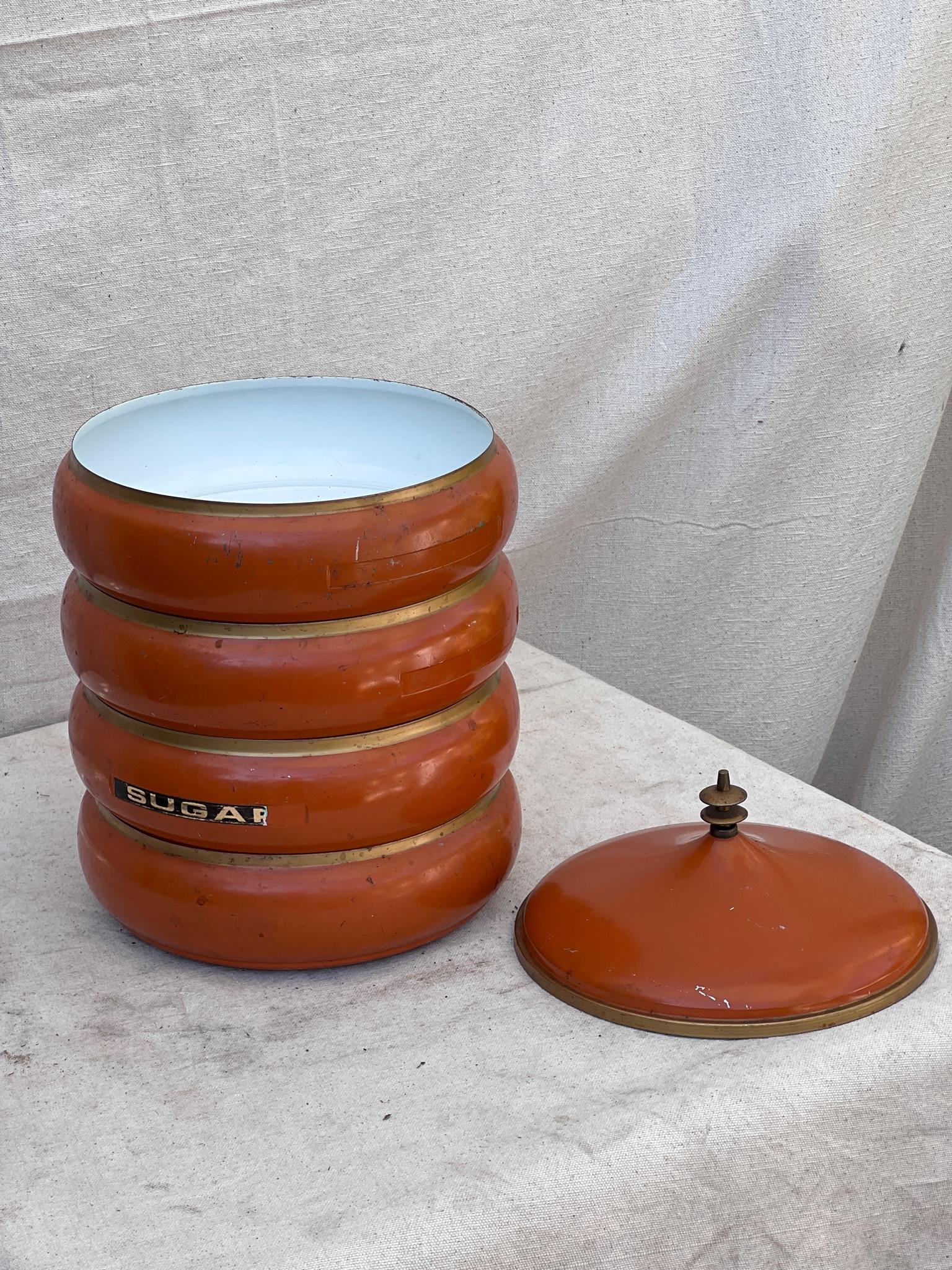 Vintage 1960s Mid-Century Orange Metal Canister Set For Sale 2