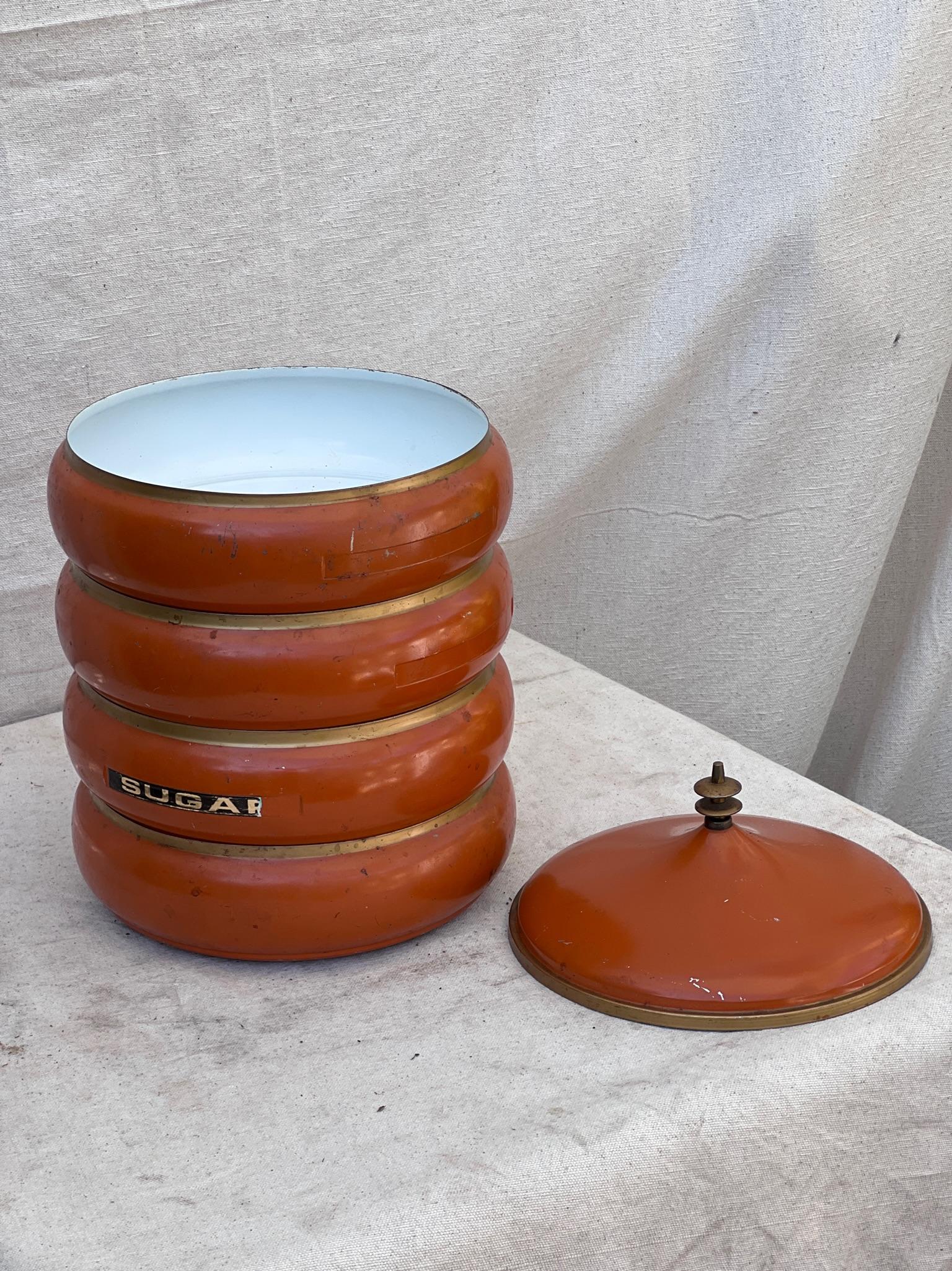 Vintage 1960s Mid-Century Orange Metal Canister Set For Sale 3