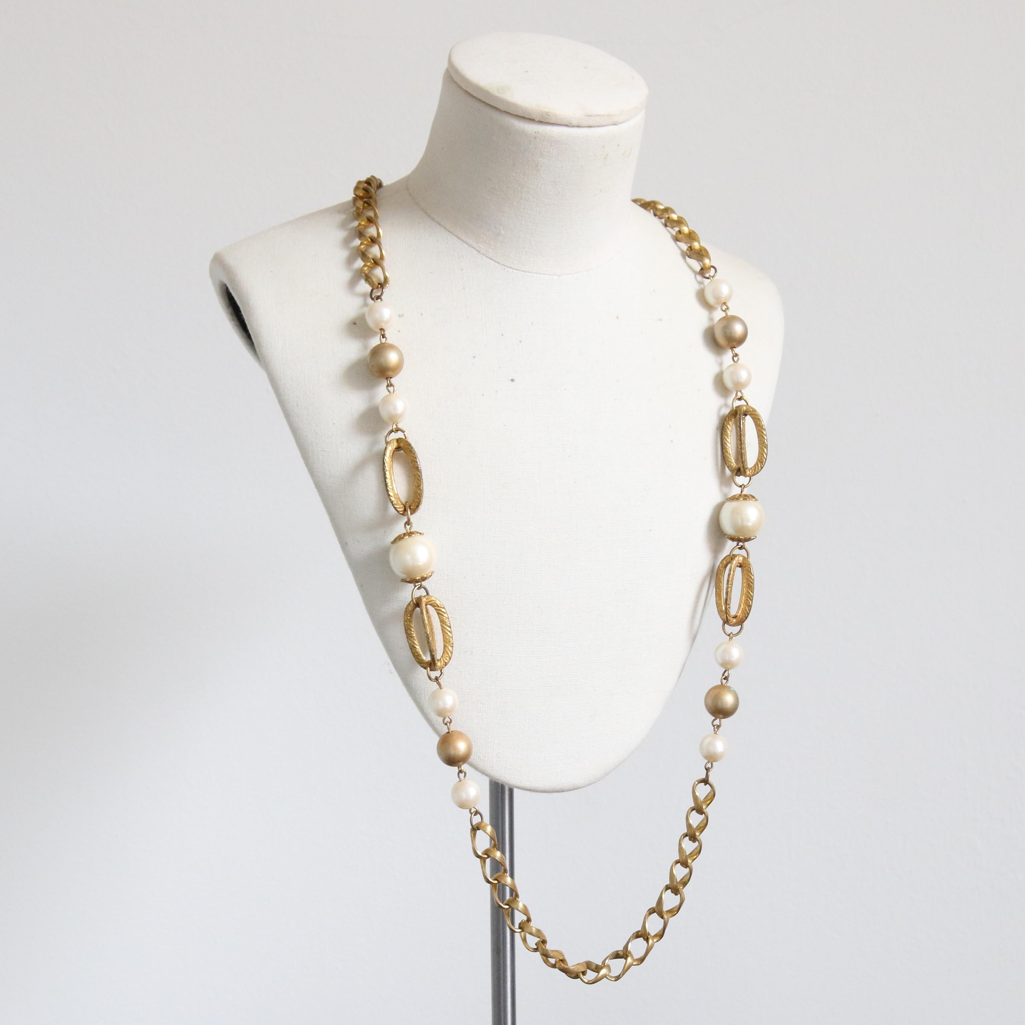 Art Deco Vintage 1960's Miriam Haskell Chain and Pearl Necklace  For Sale