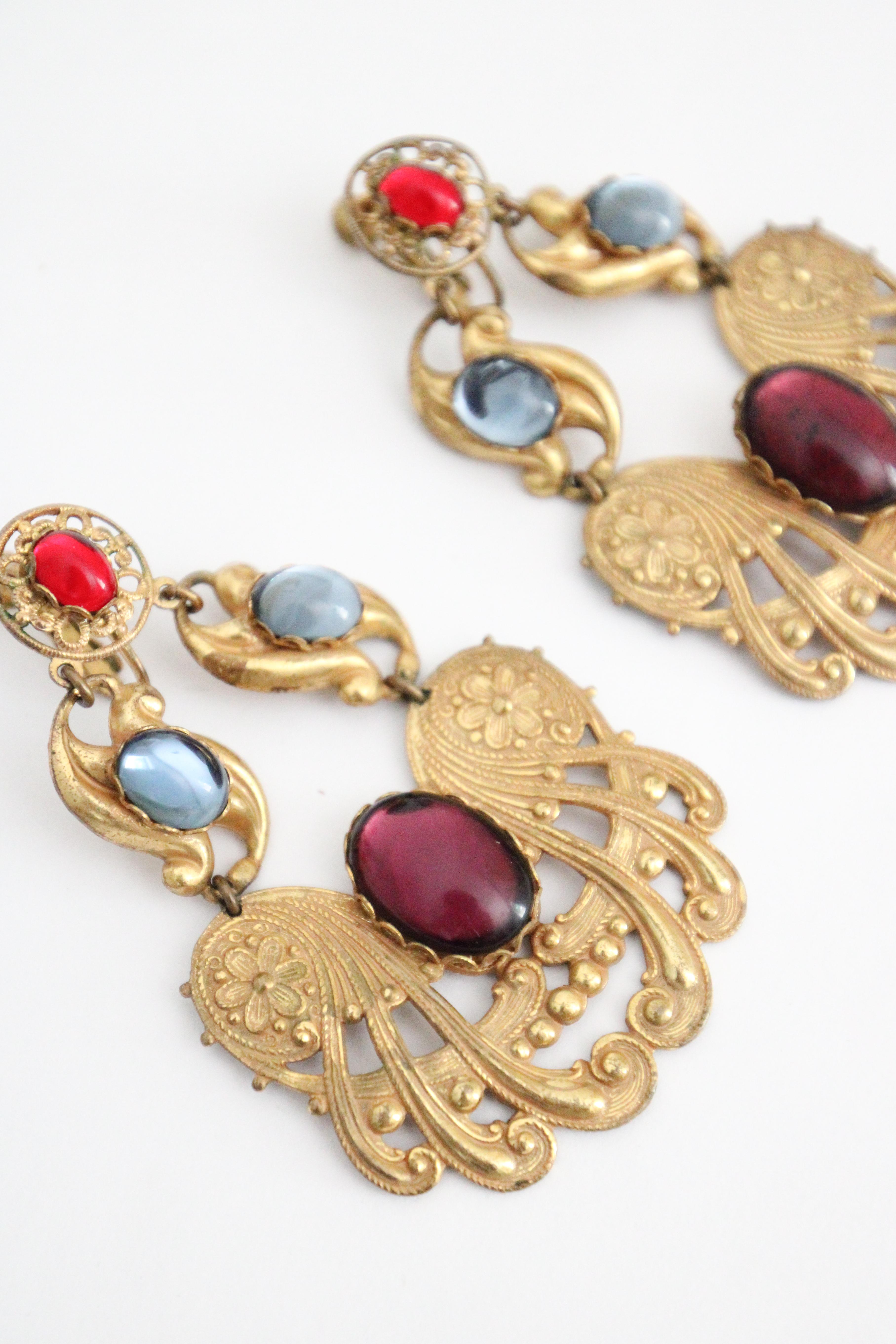 Vintage 1960s Miriam Haskell Clip on Earrings Filigree Cabochon Earrings Haskell 1