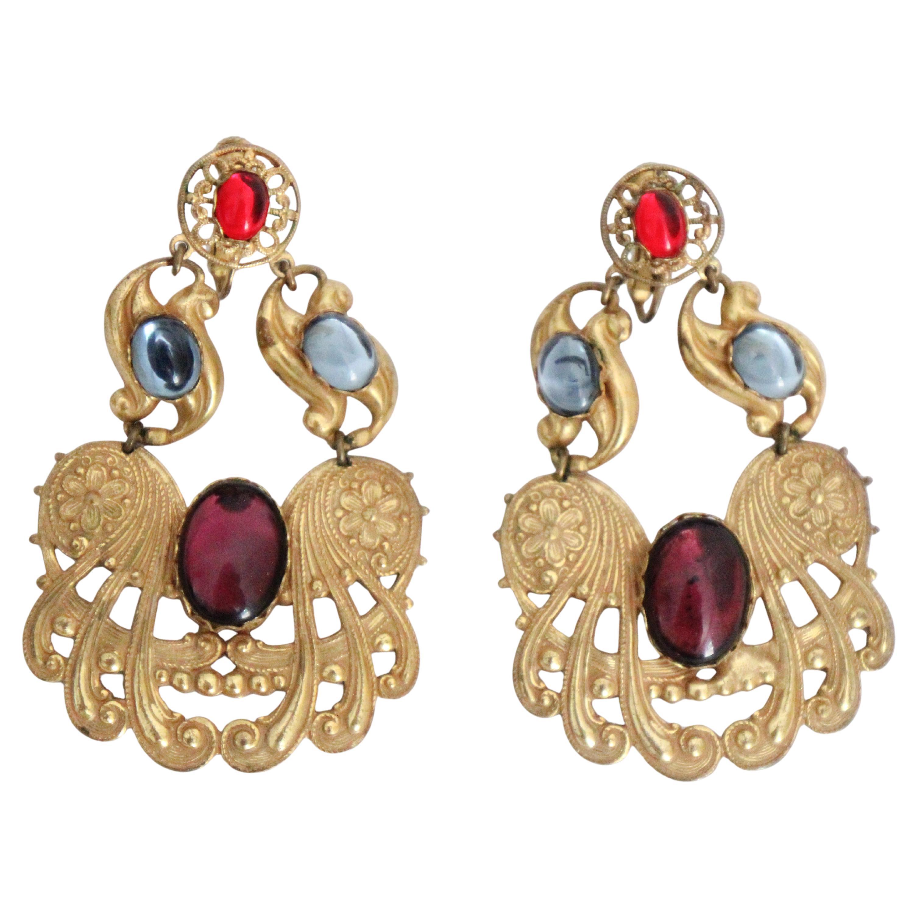 Vintage 1960s Miriam Haskell Clip on Earrings Filigree Cabochon Earrings Haskell