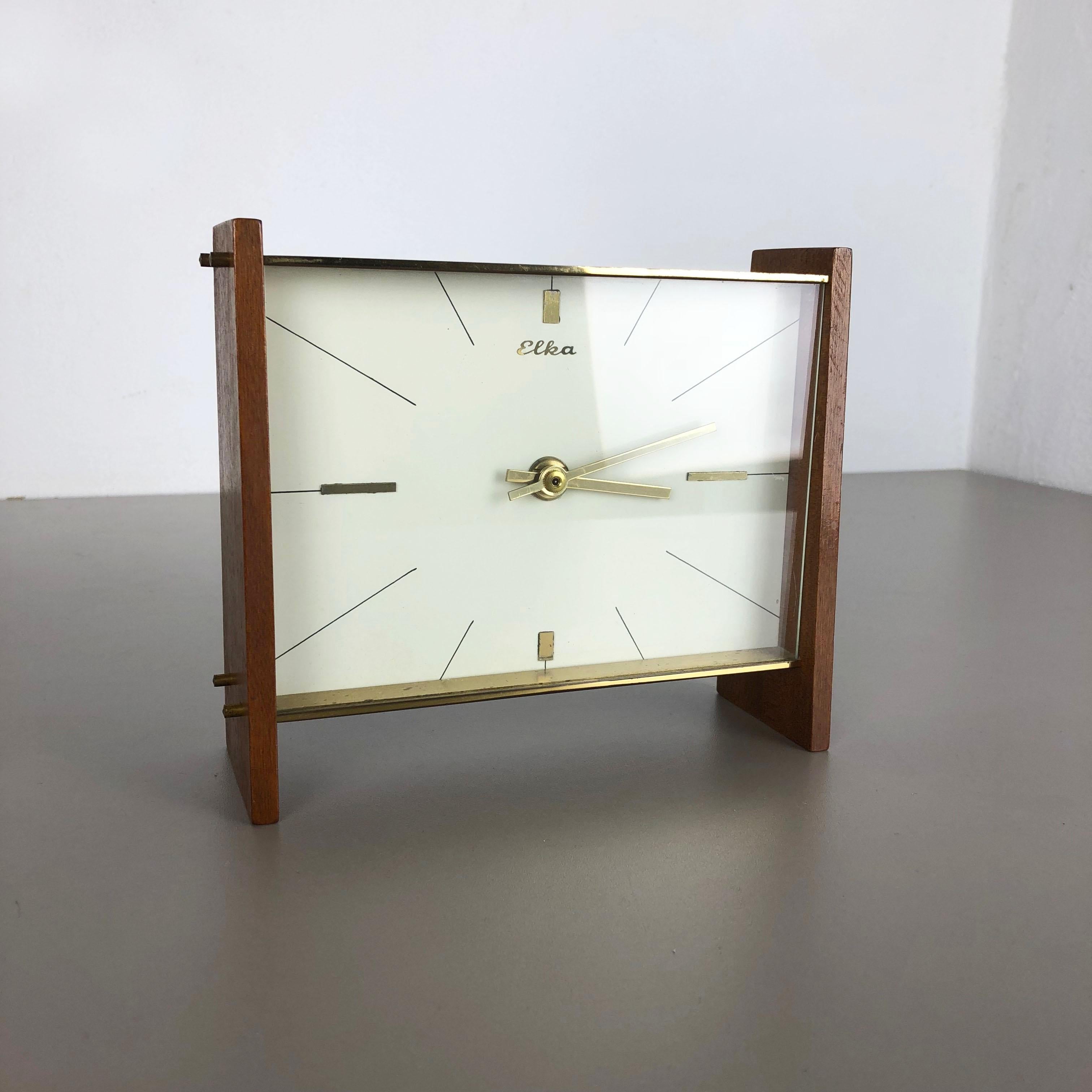 Mid-Century Modern Vintage 1960s Modernist Wooden Teak and Brass Table Clock by Elka, Germany