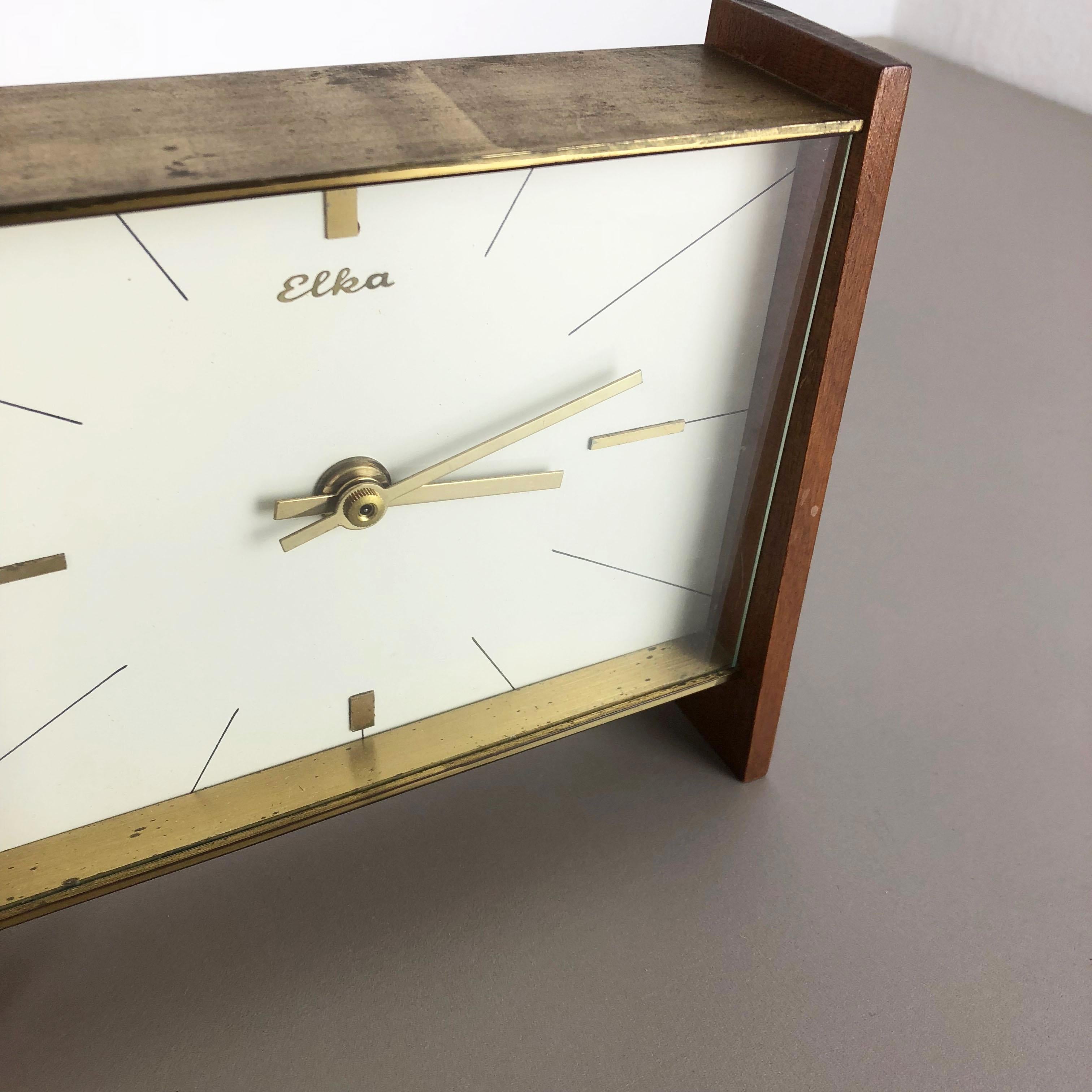 20th Century Vintage 1960s Modernist Wooden Teak and Brass Table Clock by Elka, Germany
