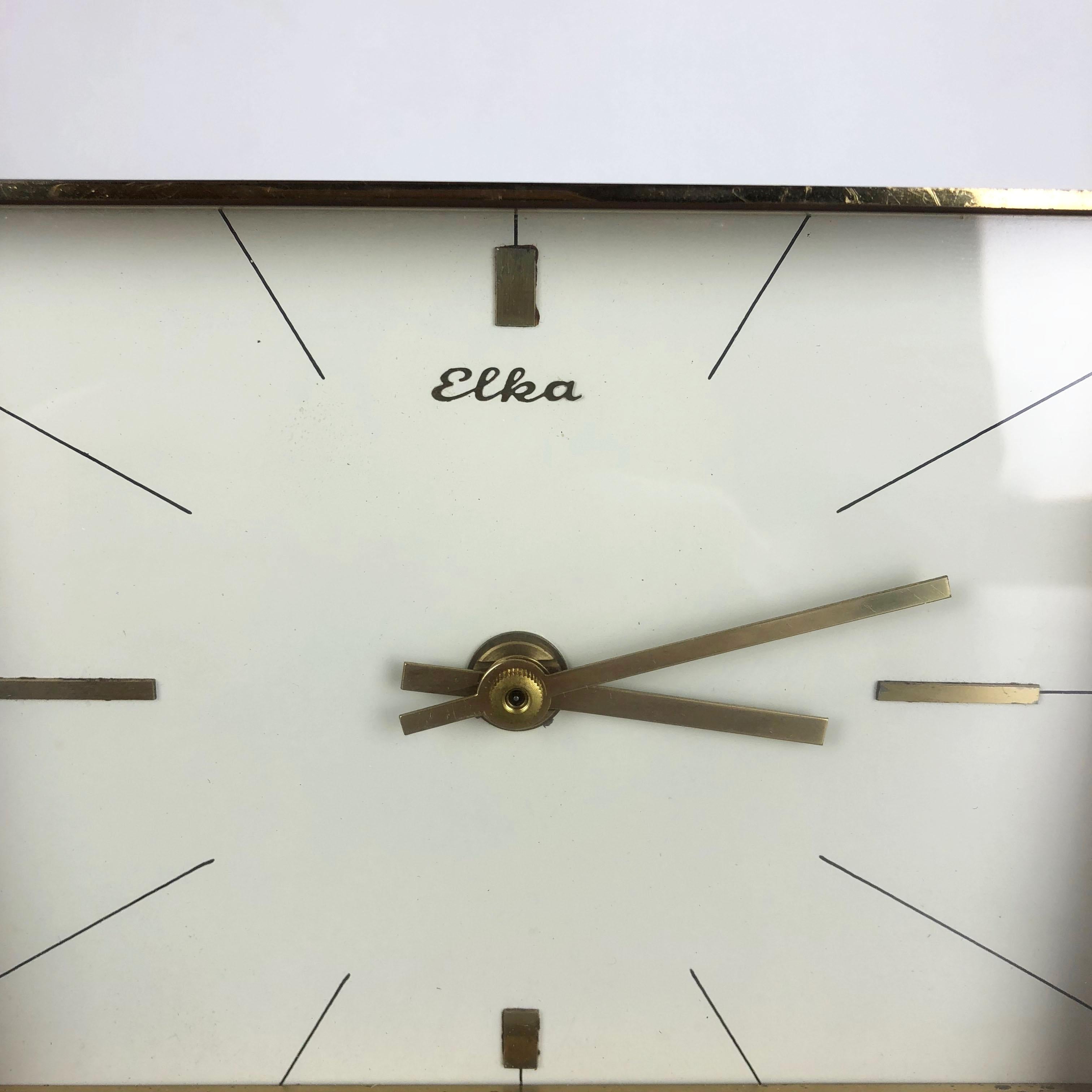 Metal Vintage 1960s Modernist Wooden Teak and Brass Table Clock by Elka, Germany