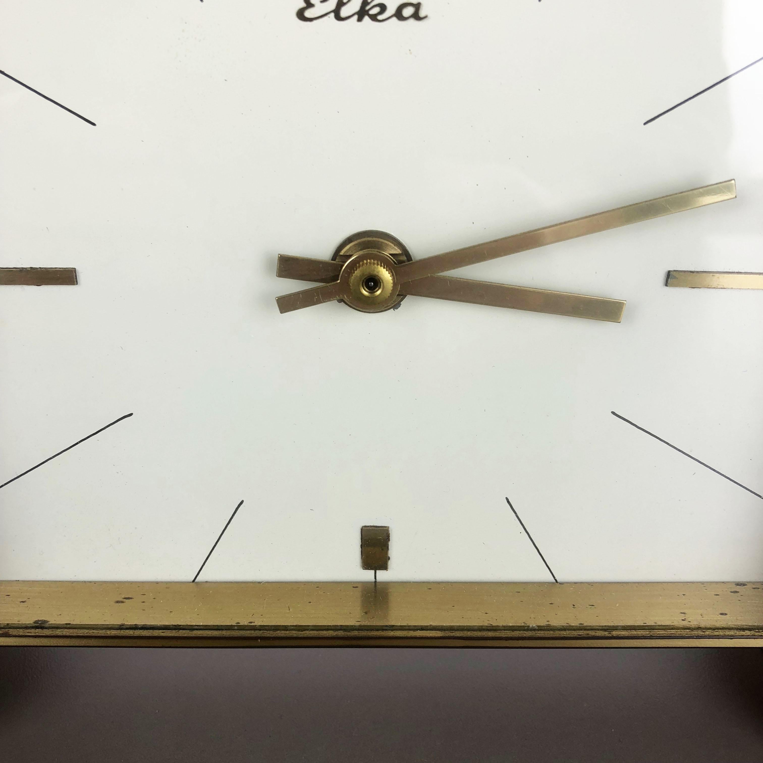 Vintage 1960s Modernist Wooden Teak and Brass Table Clock by Elka, Germany 1