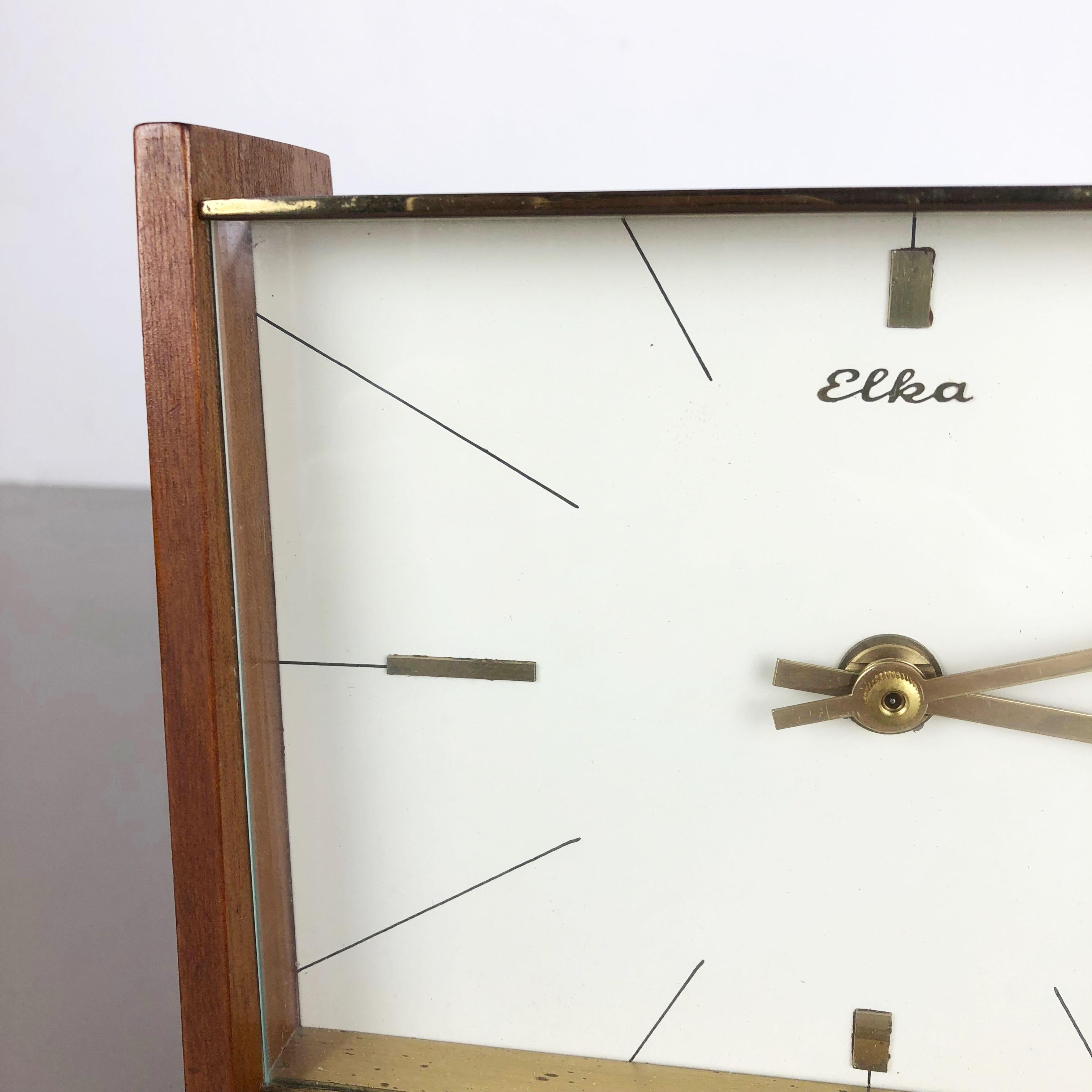 Vintage 1960s Modernist Wooden Teak and Brass Table Clock by Elka, Germany 3