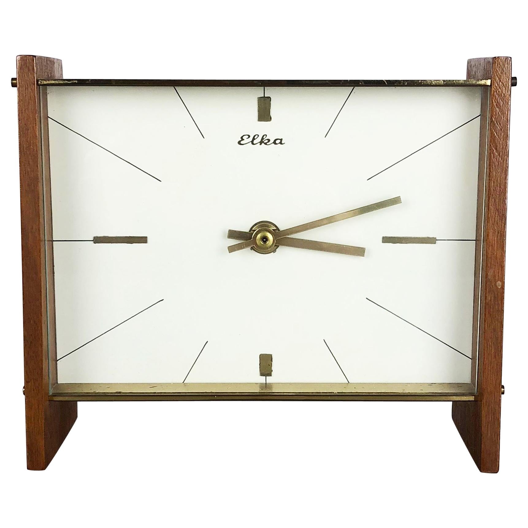 Vintage 1960s Modernist Wooden Teak and Brass Table Clock by Elka, Germany