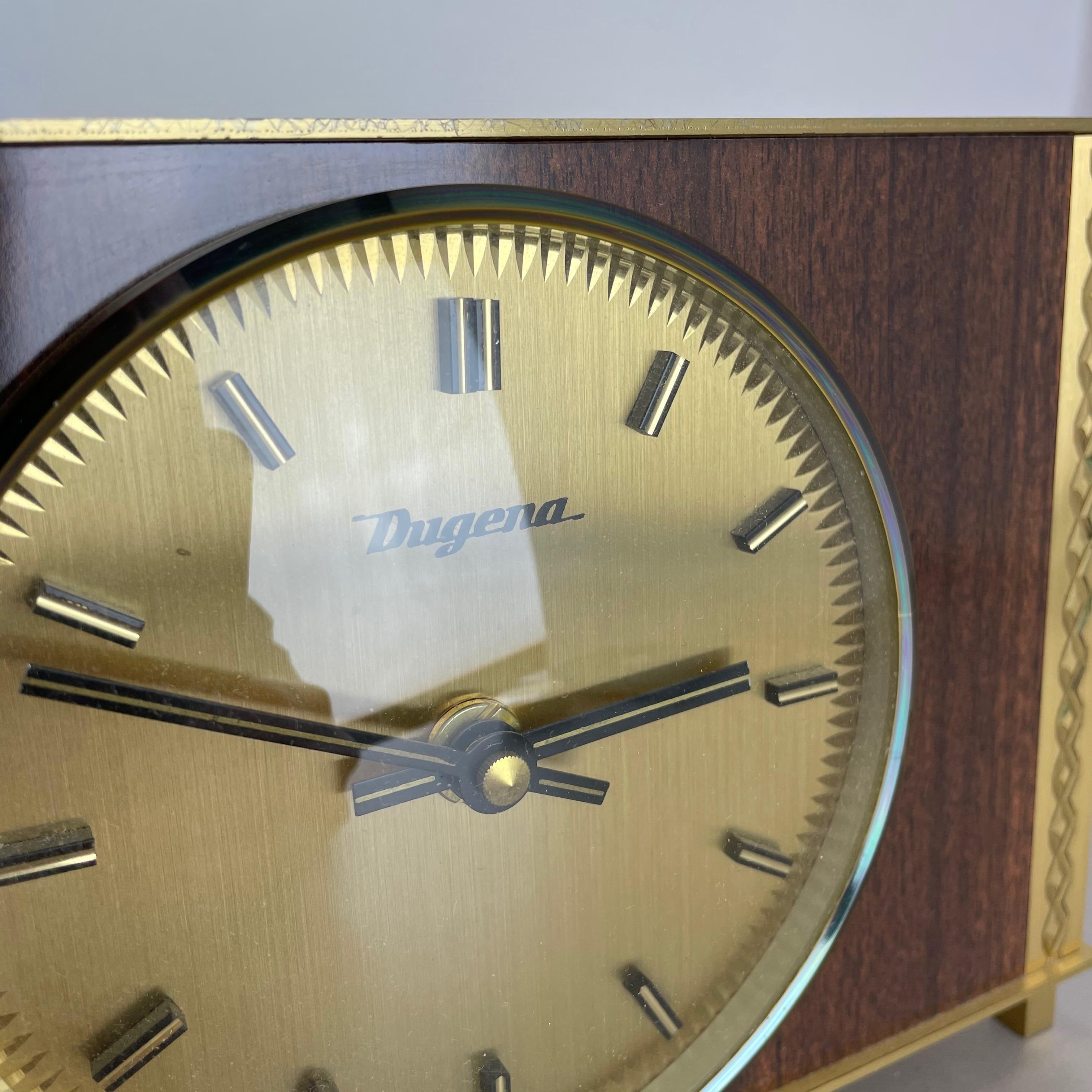 Vintage 1960s Modernist Wooden Teak Brass Table Clock by Dugena, Germany For Sale 4