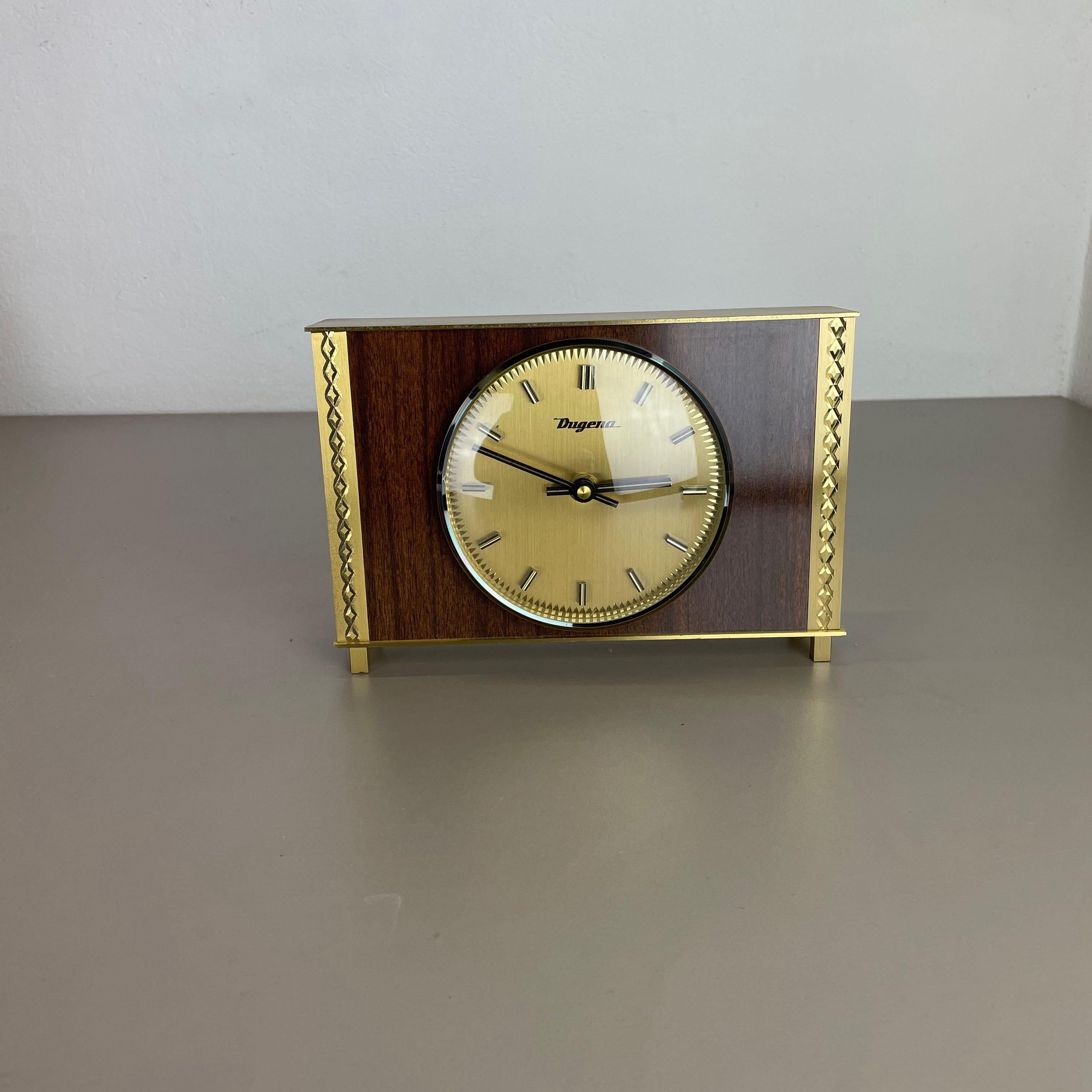 Mid-Century Modern Vintage 1960s Modernist Wooden Teak Brass Table Clock by Dugena, Germany For Sale