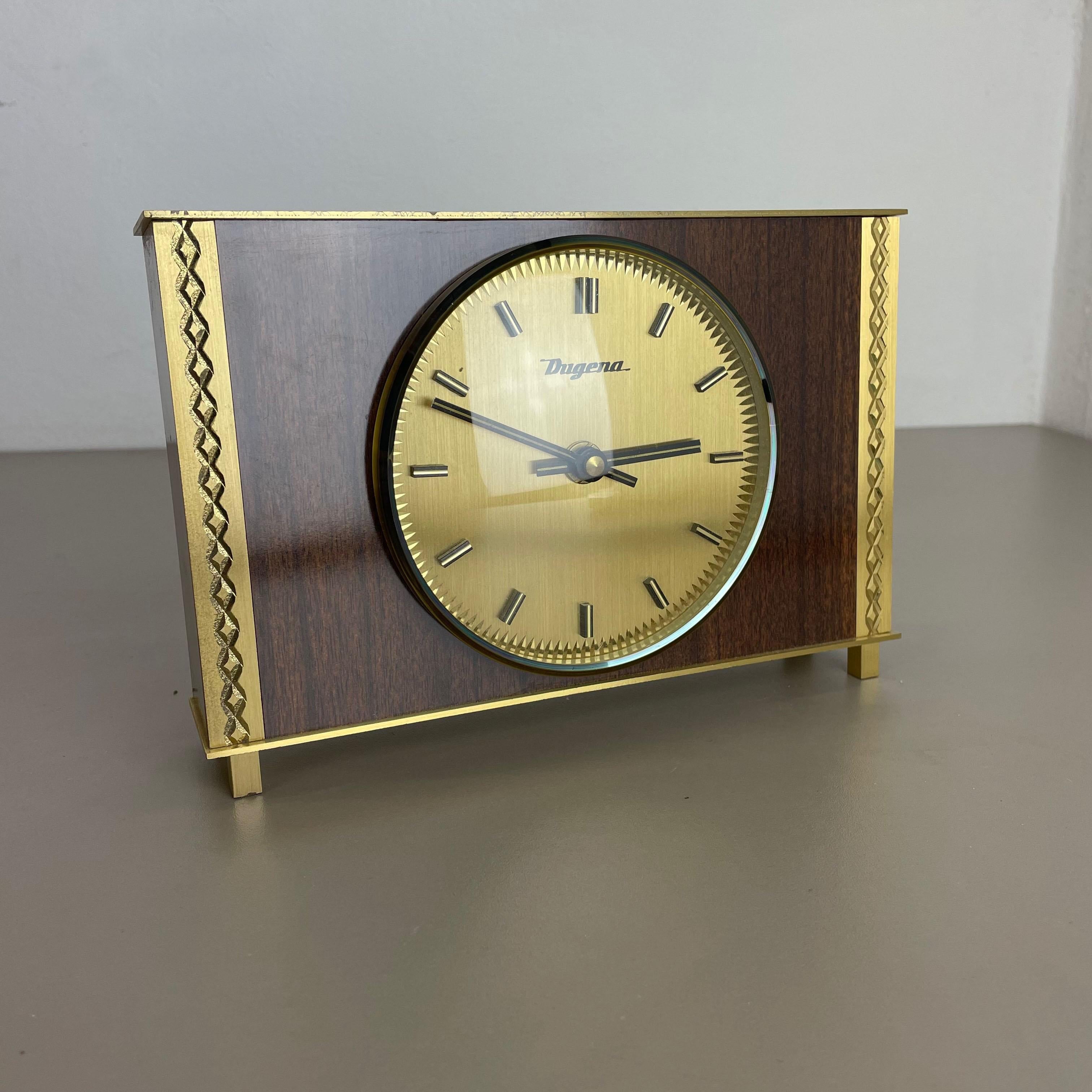Vintage 1960s Modernist Wooden Teak Brass Table Clock by Dugena, Germany In Good Condition For Sale In Kirchlengern, DE