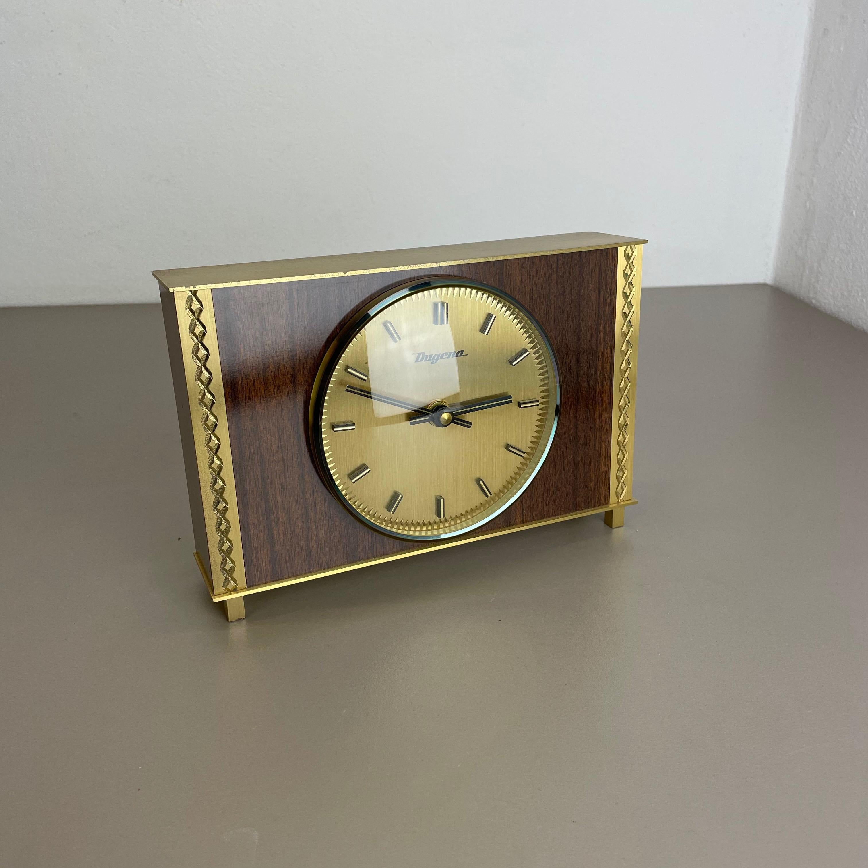 20th Century Vintage 1960s Modernist Wooden Teak Brass Table Clock by Dugena, Germany For Sale