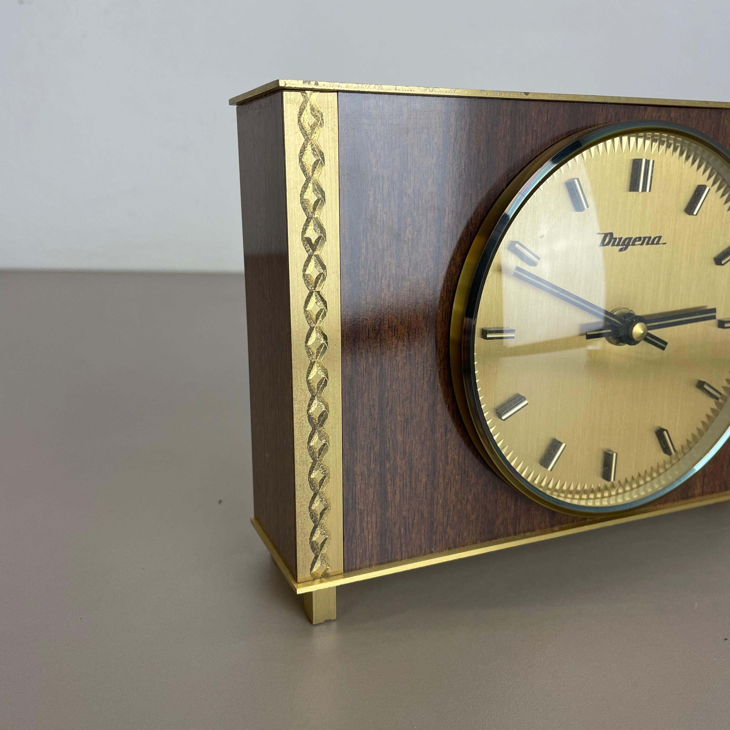 Metal Vintage 1960s Modernist Wooden Teak Brass Table Clock by Dugena, Germany For Sale