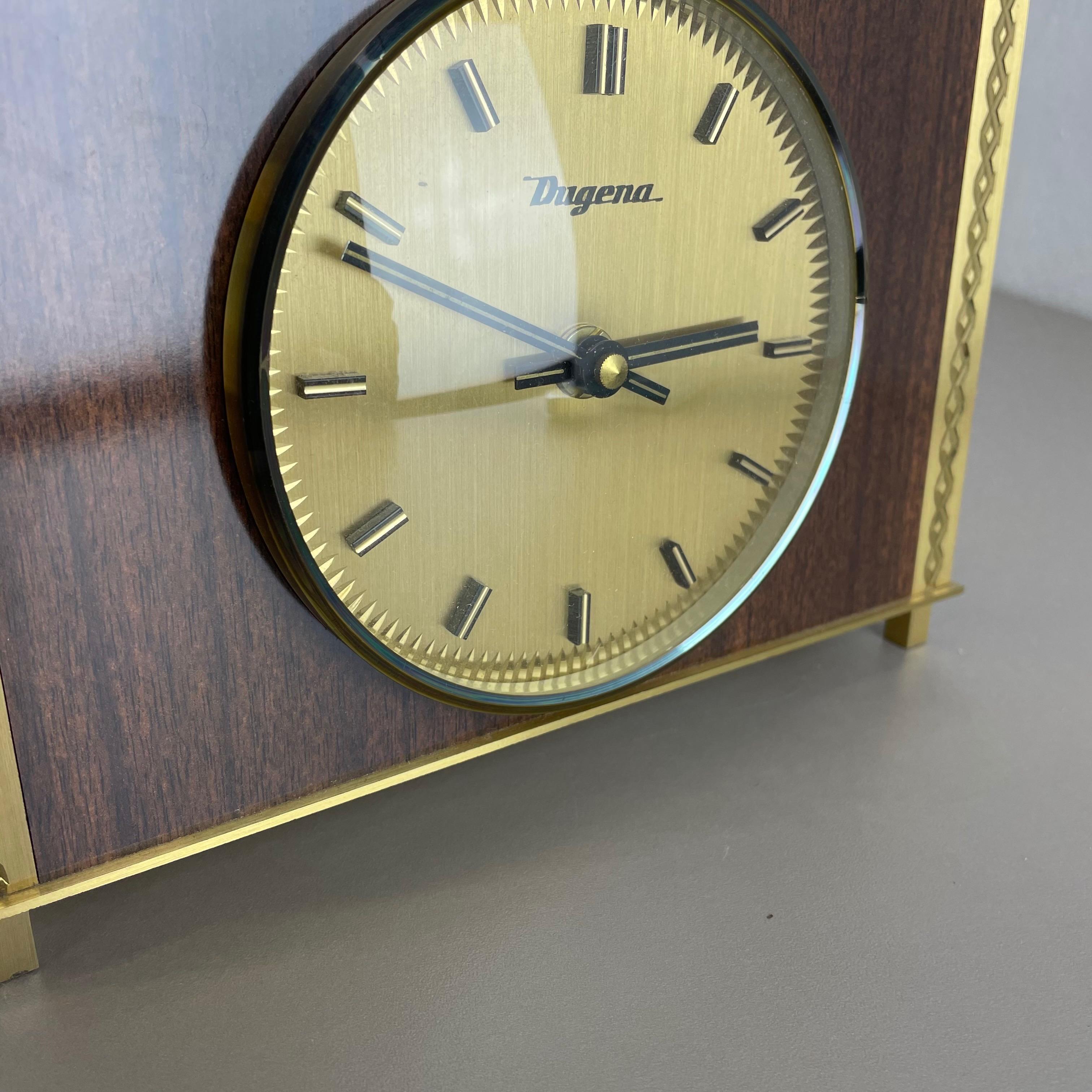 Vintage 1960s Modernist Wooden Teak Brass Table Clock by Dugena, Germany For Sale 3