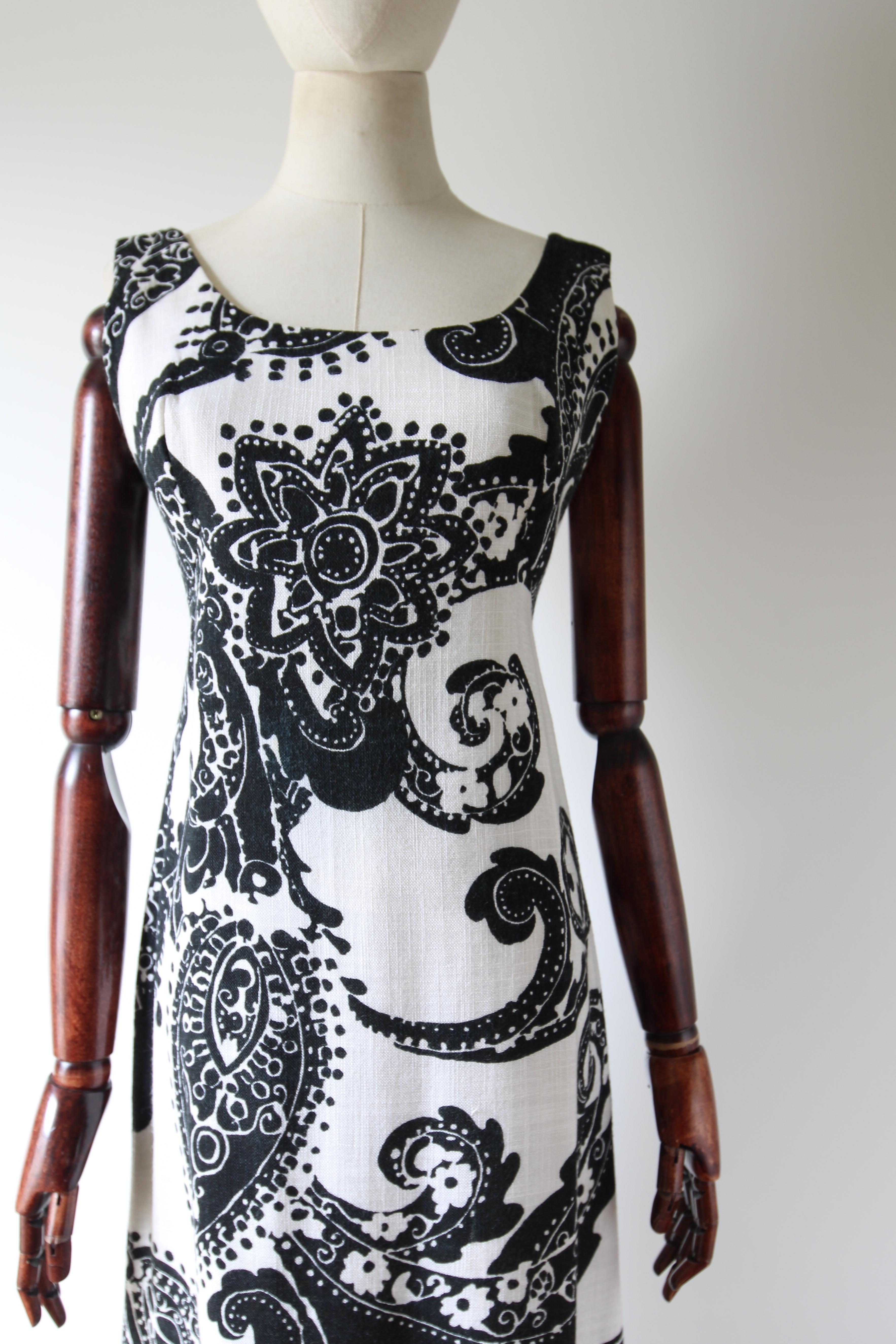 Grigio Vintage 1960's Monochrome Black & White Paisley Maxi Dress strass UK 10 US 6 in vendita
