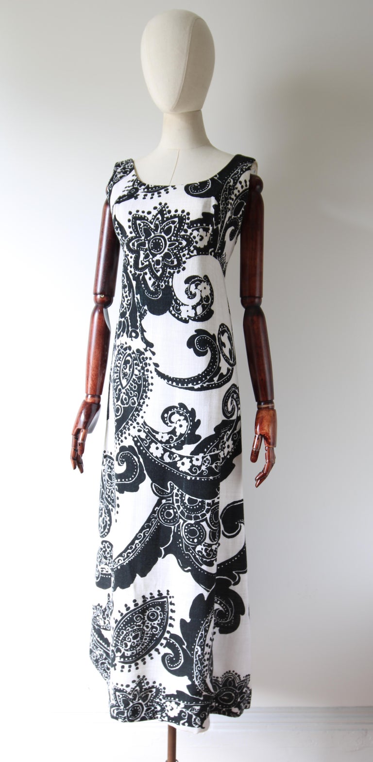 Vintage 1960's Monochrome Black & White Paisley Maxi Dress Rhinestone Uk 10 Us 6