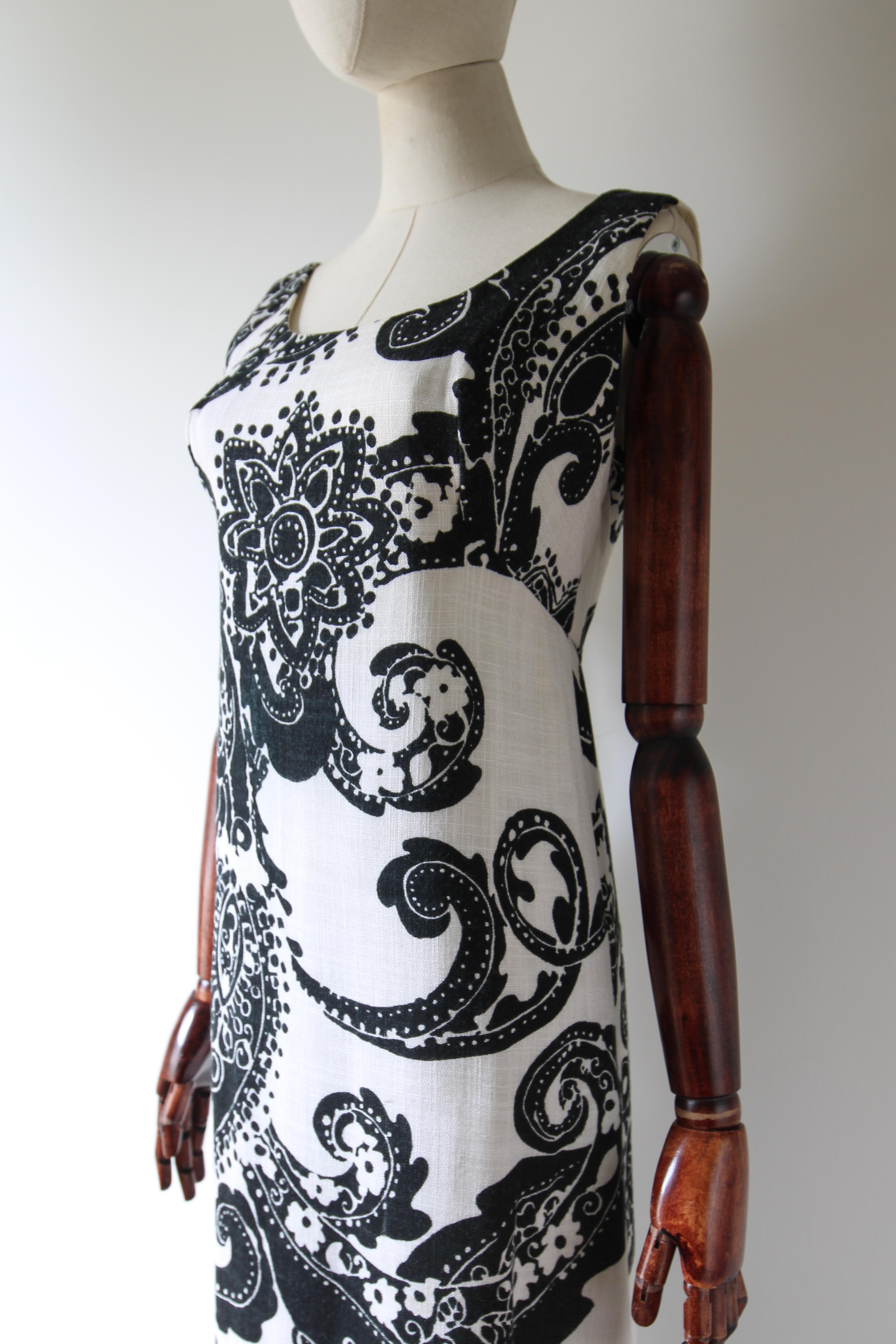 Vintage 1960's Monochrome Black & White Paisley Maxi Dress strass UK 10 US 6 in vendita 1