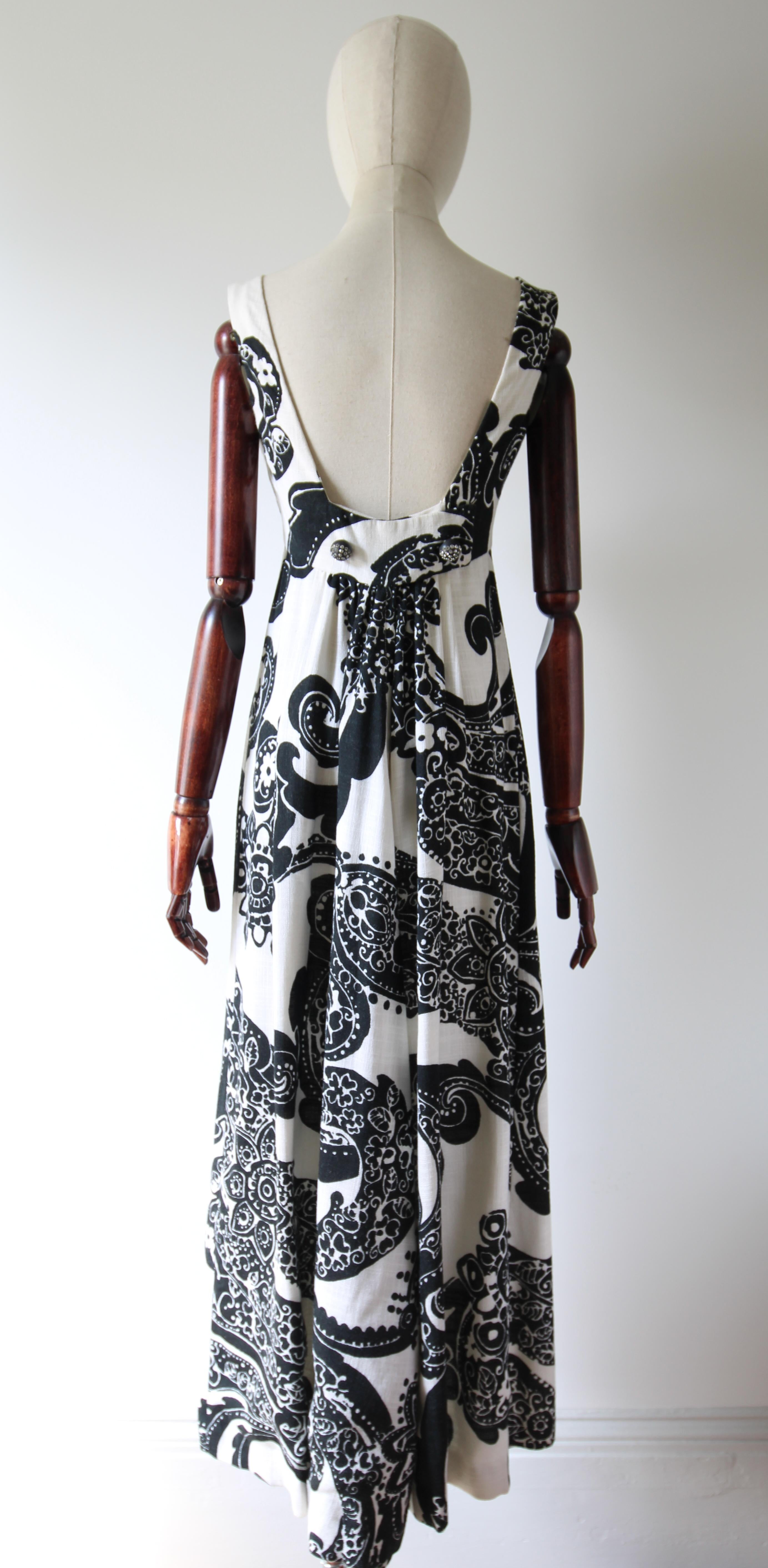 Vintage 1960's Monochrome Black & White Paisley Maxi Dress strass UK 10 US 6 in vendita 4