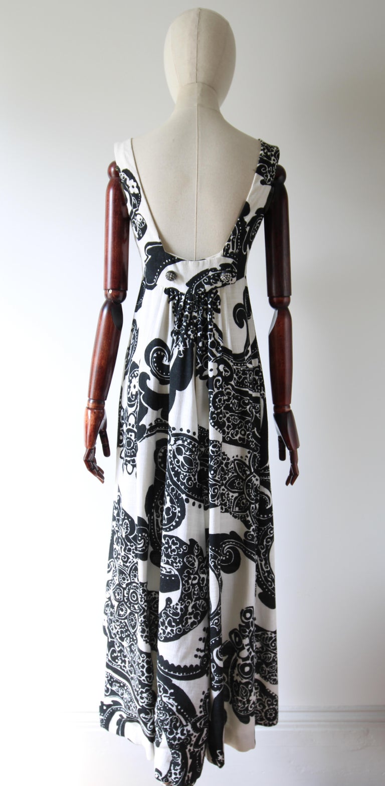 Vintage 1960's Monochrome Black & White Paisley Maxi Dress Rhinestone Uk 10 Us 6