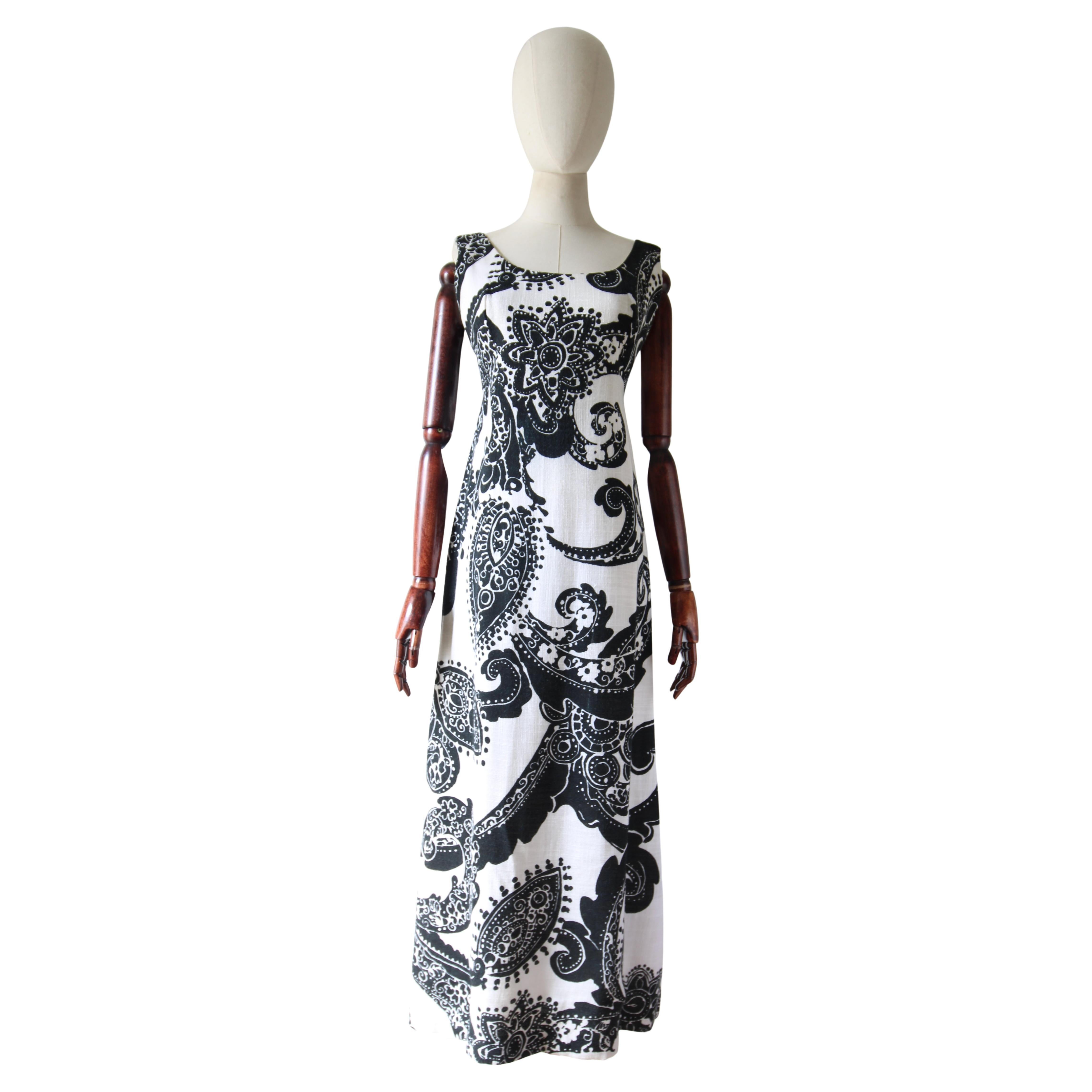 Vintage 1960 s Monochrome Black and White Paisley Maxi Dress rhinestone UK 10 US 6