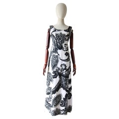Vintage 1960's Monochrome Black & White Paisley Maxi Dress rhinestone UK 10 US 6