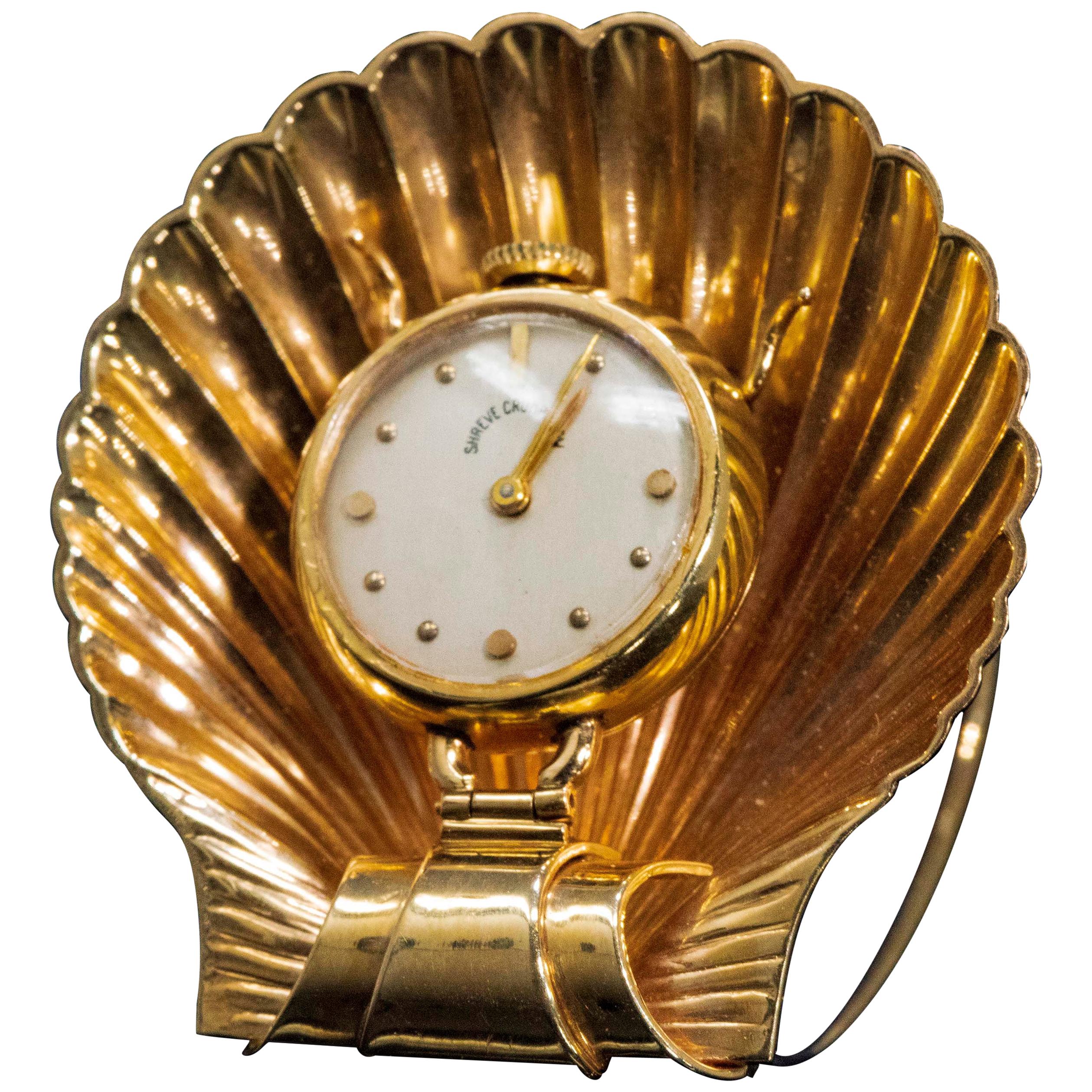 Vintage 1960s Movado Multi Functional Gold Conch Sea Shell Brooch Pendant Watch For Sale