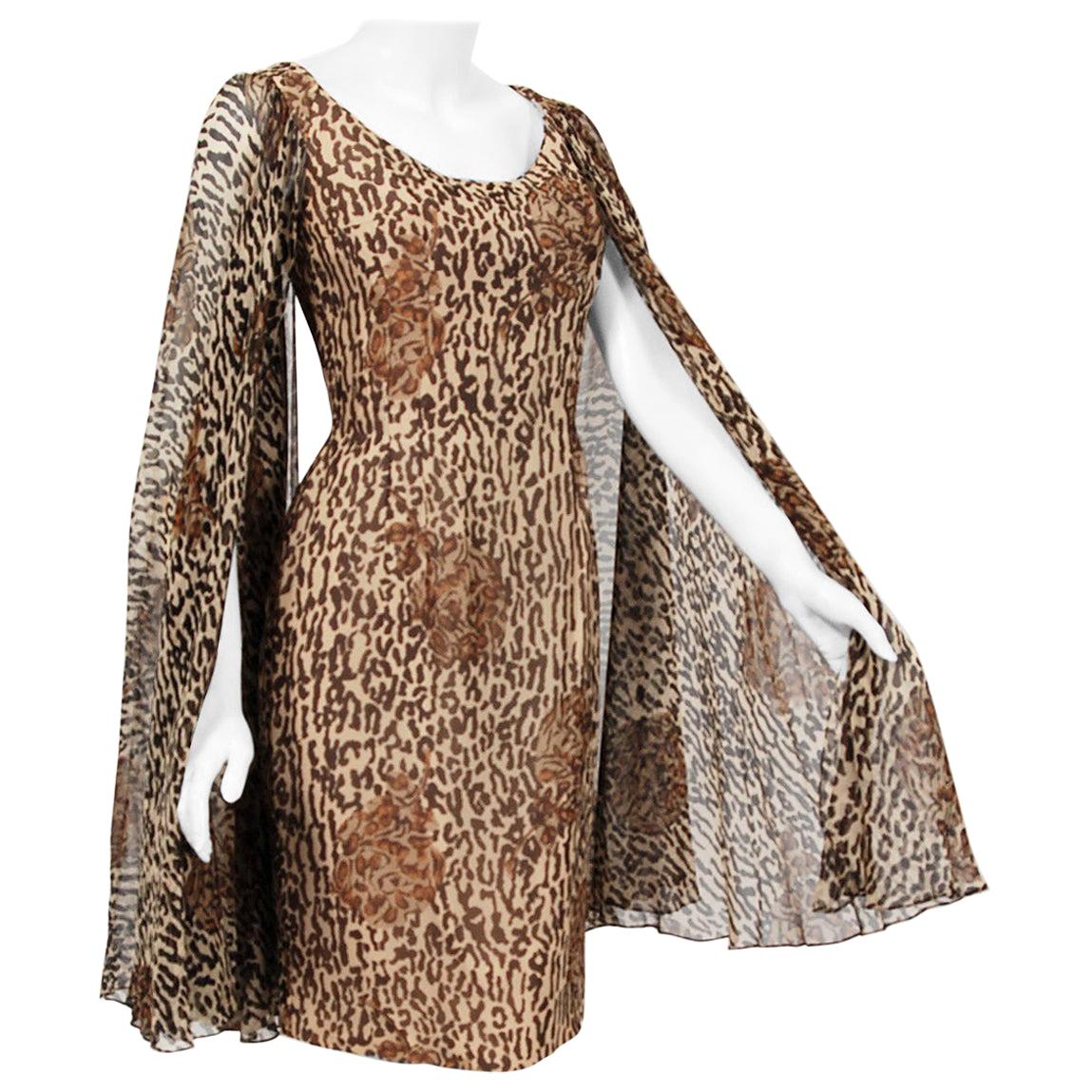 Vintage 1960's Mr. Blackwell Leopard Print Silk Chiffon Cape-Sleeve Dress 