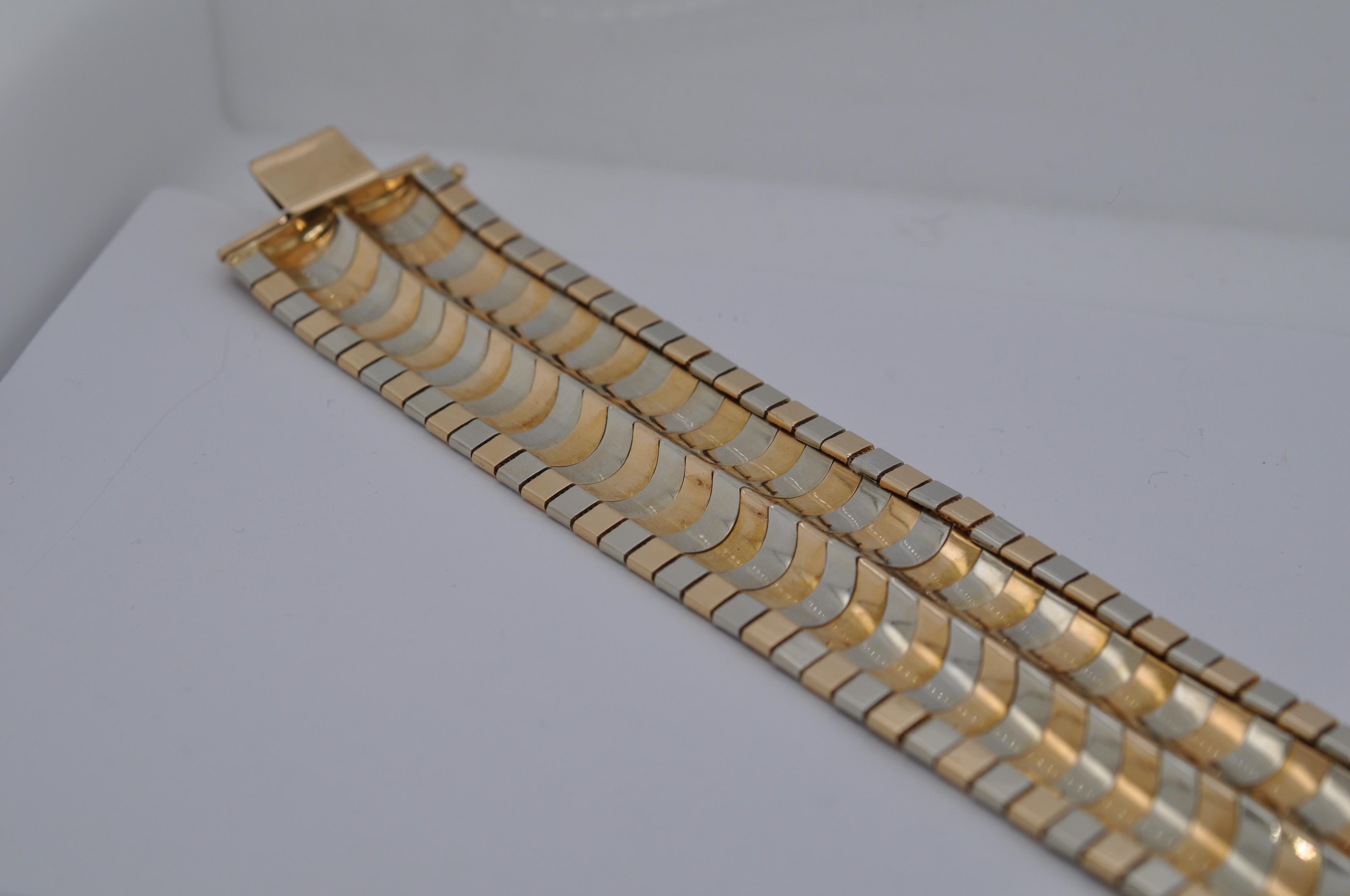 Vintage 1960s Multi-Color White Gold and Yellow Gold Wide Bracelet For Sale 2