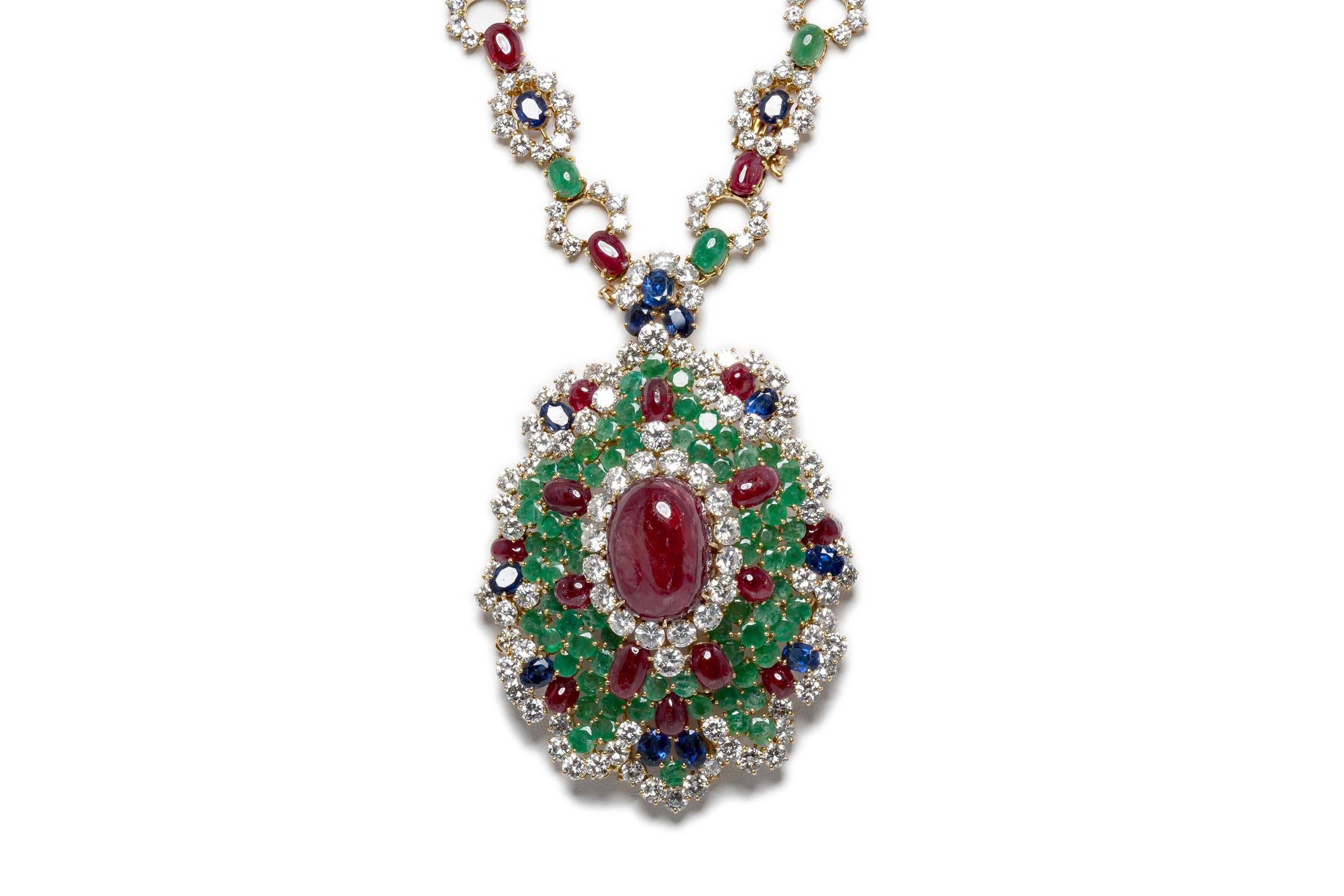 Cabochon Vintage 1960s Multi-Gemstone Brooch Pendant Sautoir Necklace For Sale