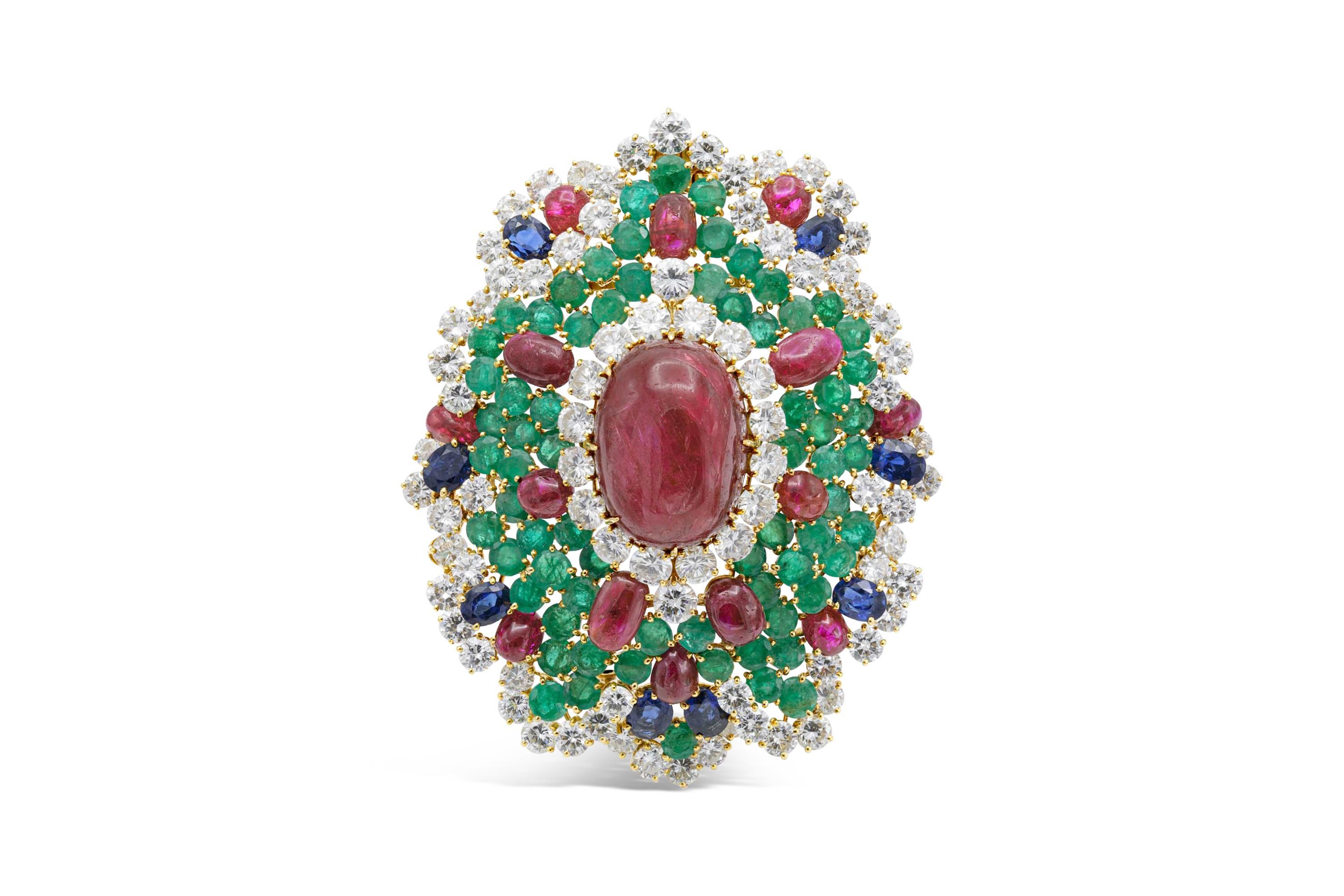 Vintage 1960s Multi-Gemstone Brooch Pendant Sautoir Necklace In Good Condition For Sale In New York, NY