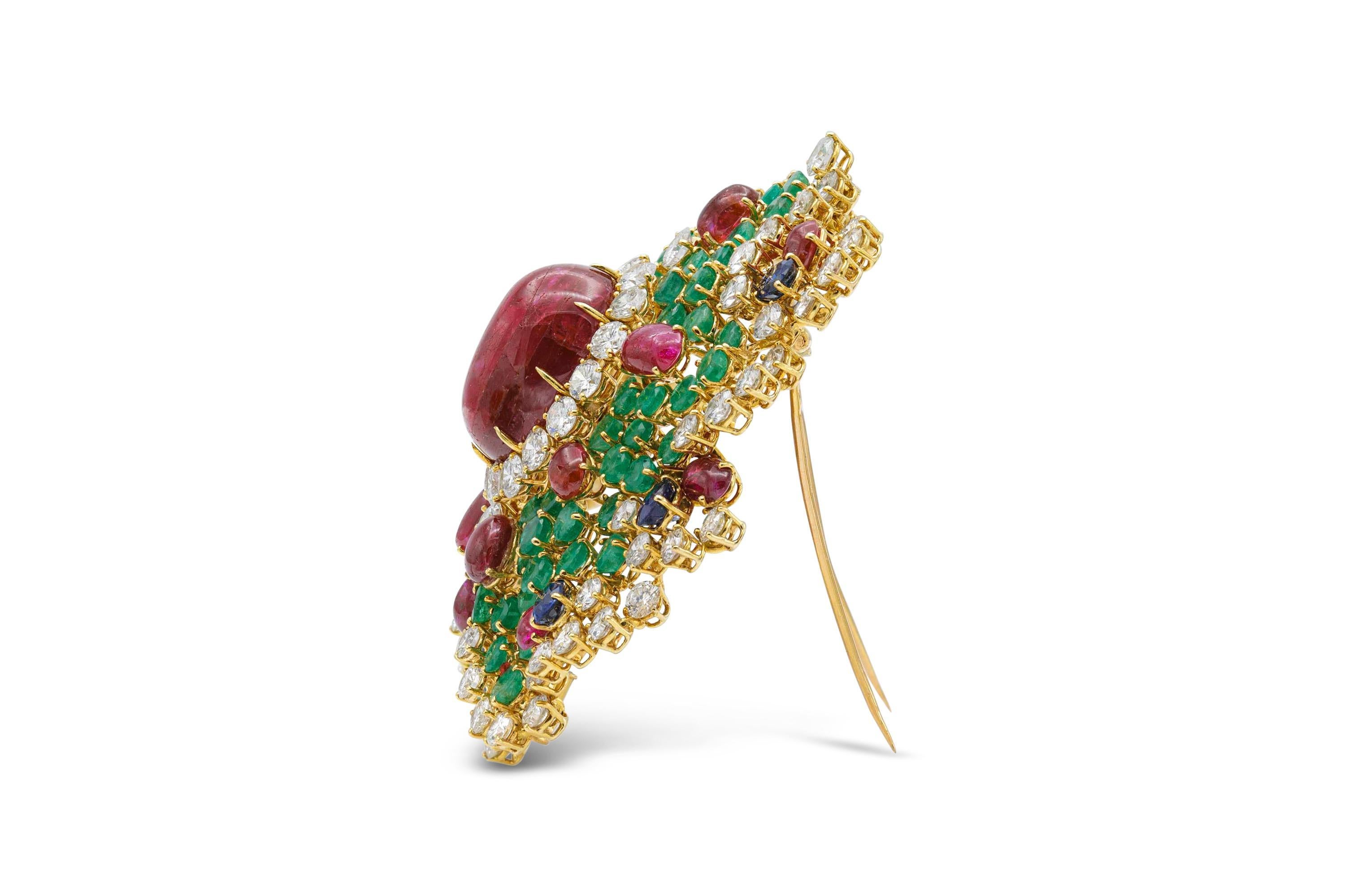 Women's Vintage 1960s Multi-Gemstone Brooch Pendant Sautoir Necklace For Sale