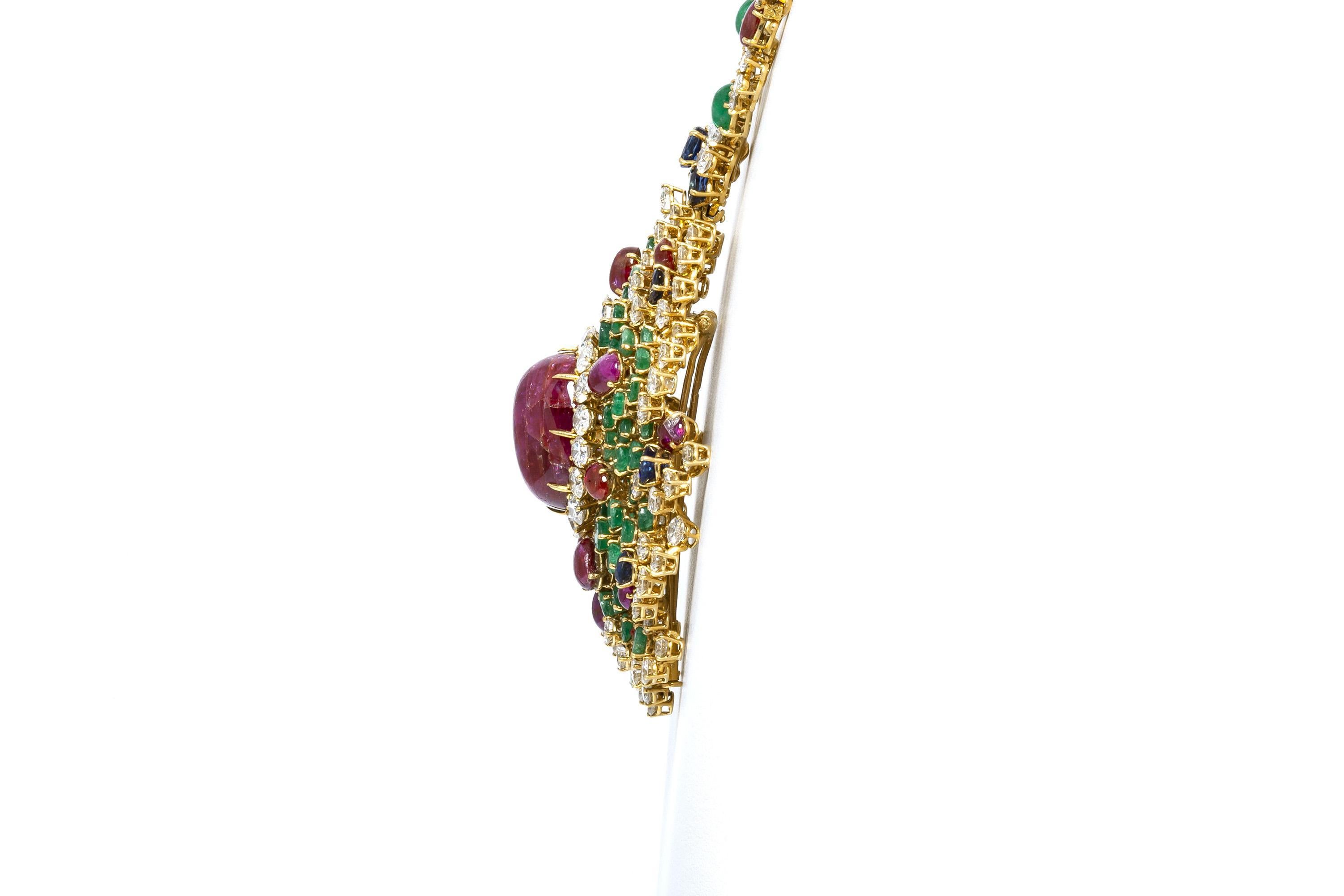 Vintage 1960s Multi-Gemstone Brooch Pendant Sautoir Necklace For Sale 1