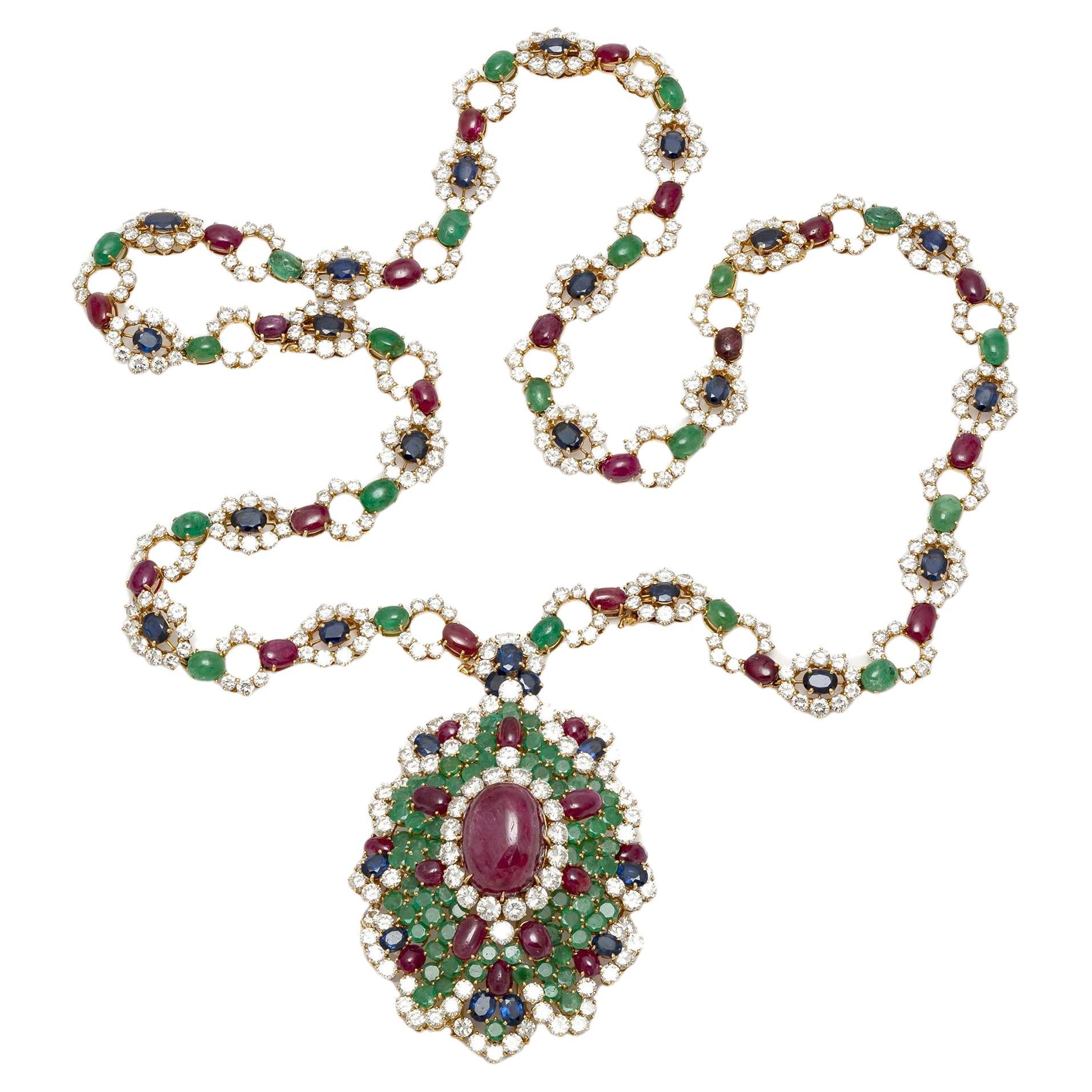 Vintage 1960s Multi-Gemstone Brooch Pendant Sautoir Necklace For Sale