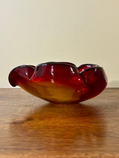 Vintage 1960s Murano Art Glass Leaf Dish Red and Amber Bowl