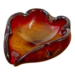 Vintage 1960s Murano Art Glass Leaf Dish Red and Amber Bowl