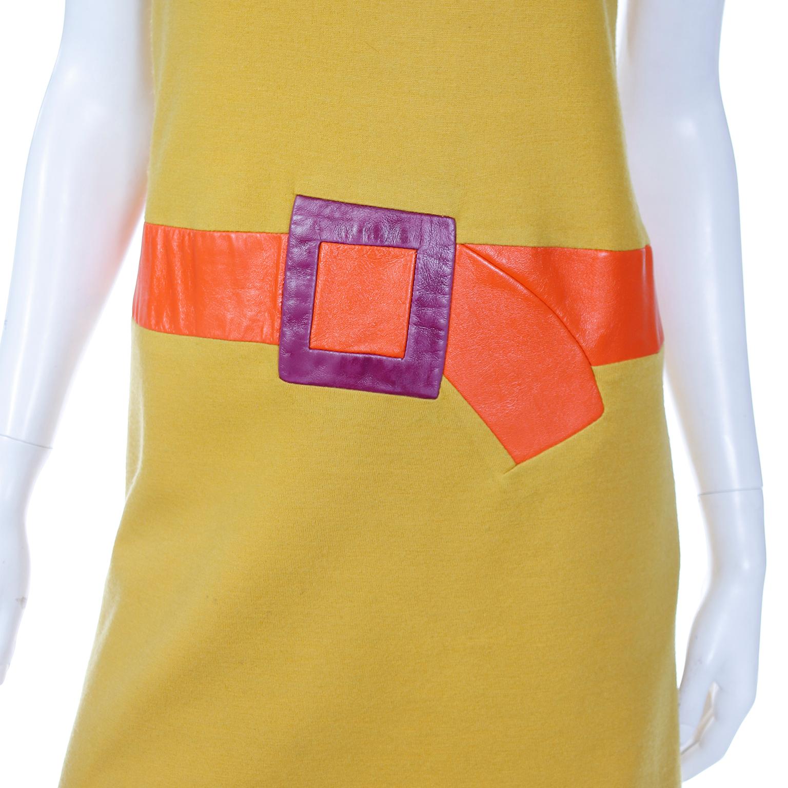 Vintage 1960s Mustard Yellow Trompe L'oeil Dress & Jacket W Orange & Purple Trim 5