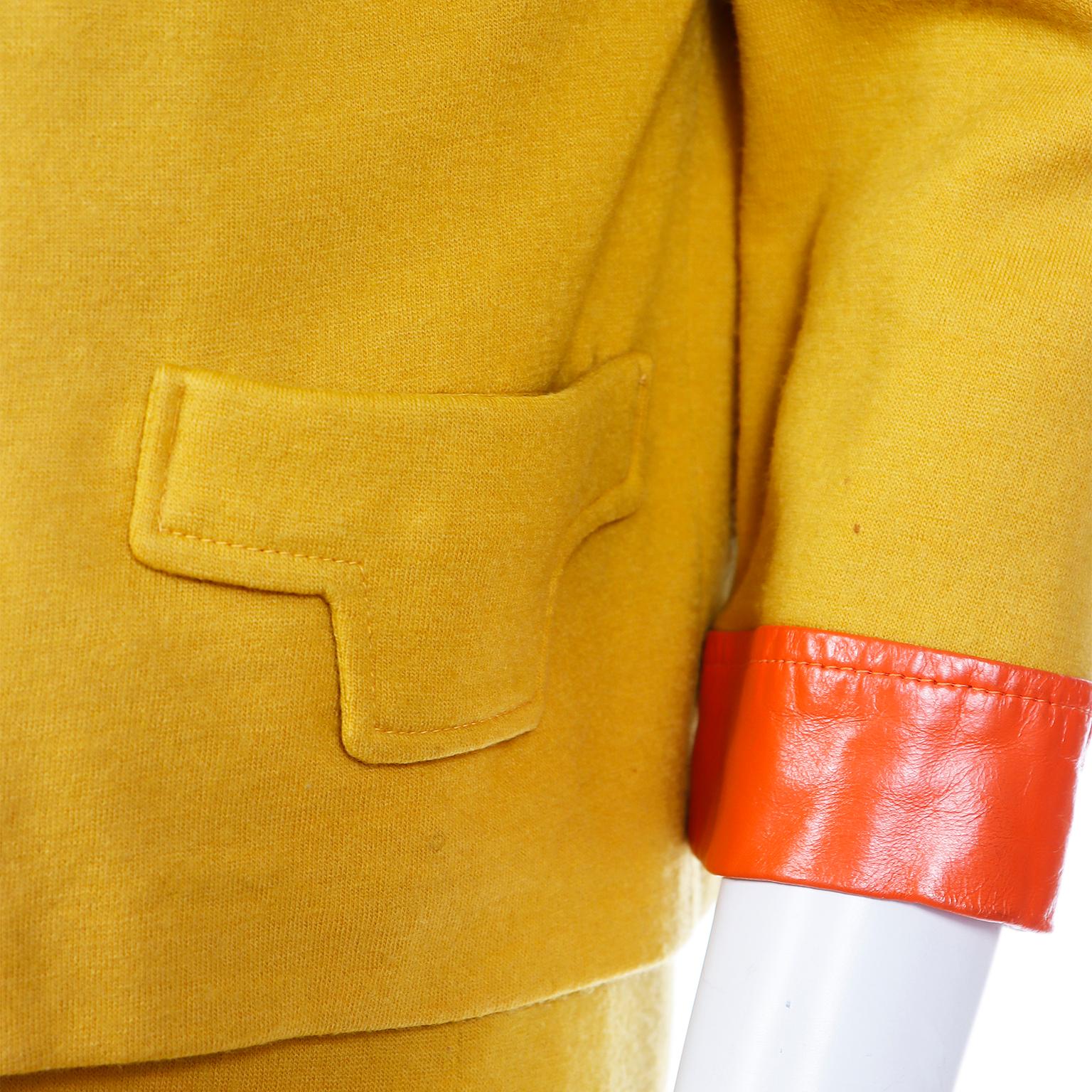 Vintage 1960s Mustard Yellow Trompe L'oeil Dress & Jacket W Orange & Purple Trim 6