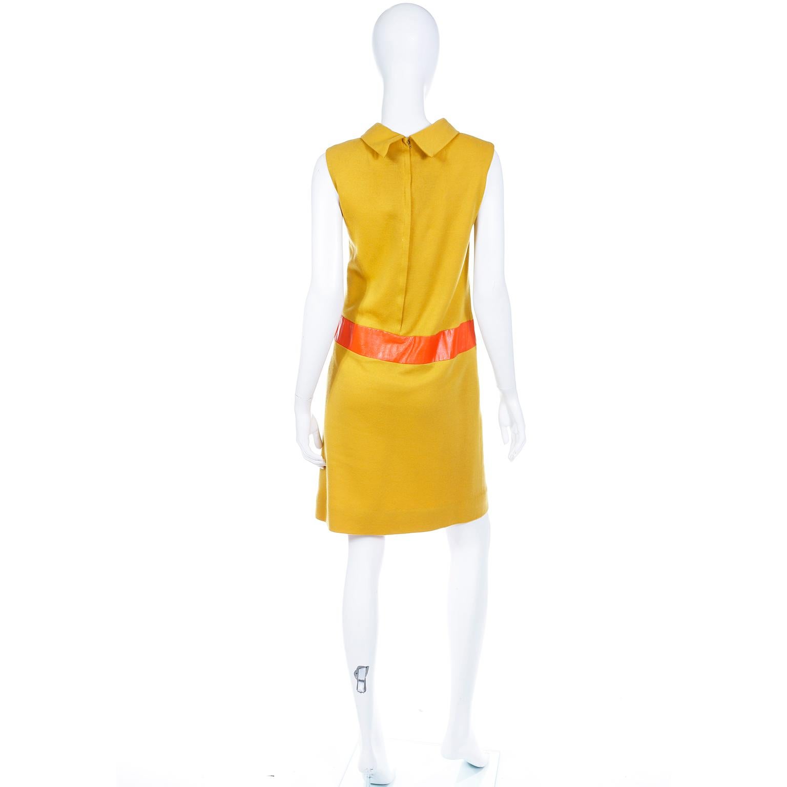 Vintage 1960s Mustard Yellow Trompe L'oeil Dress & Jacket W Orange & Purple Trim In Excellent Condition In Portland, OR