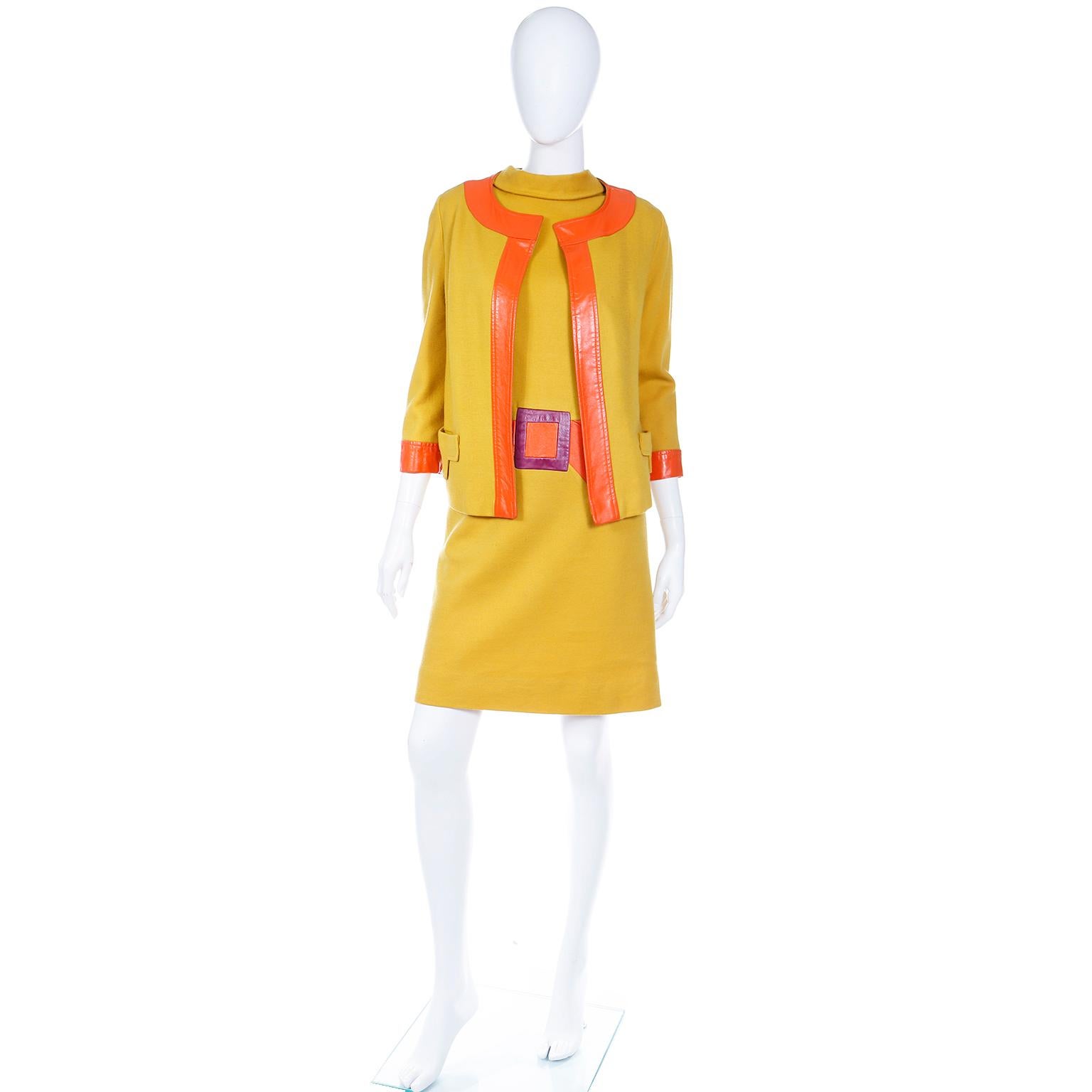 Vintage 1960s Mustard Yellow Trompe L'oeil Dress & Jacket W Orange & Purple Trim 1