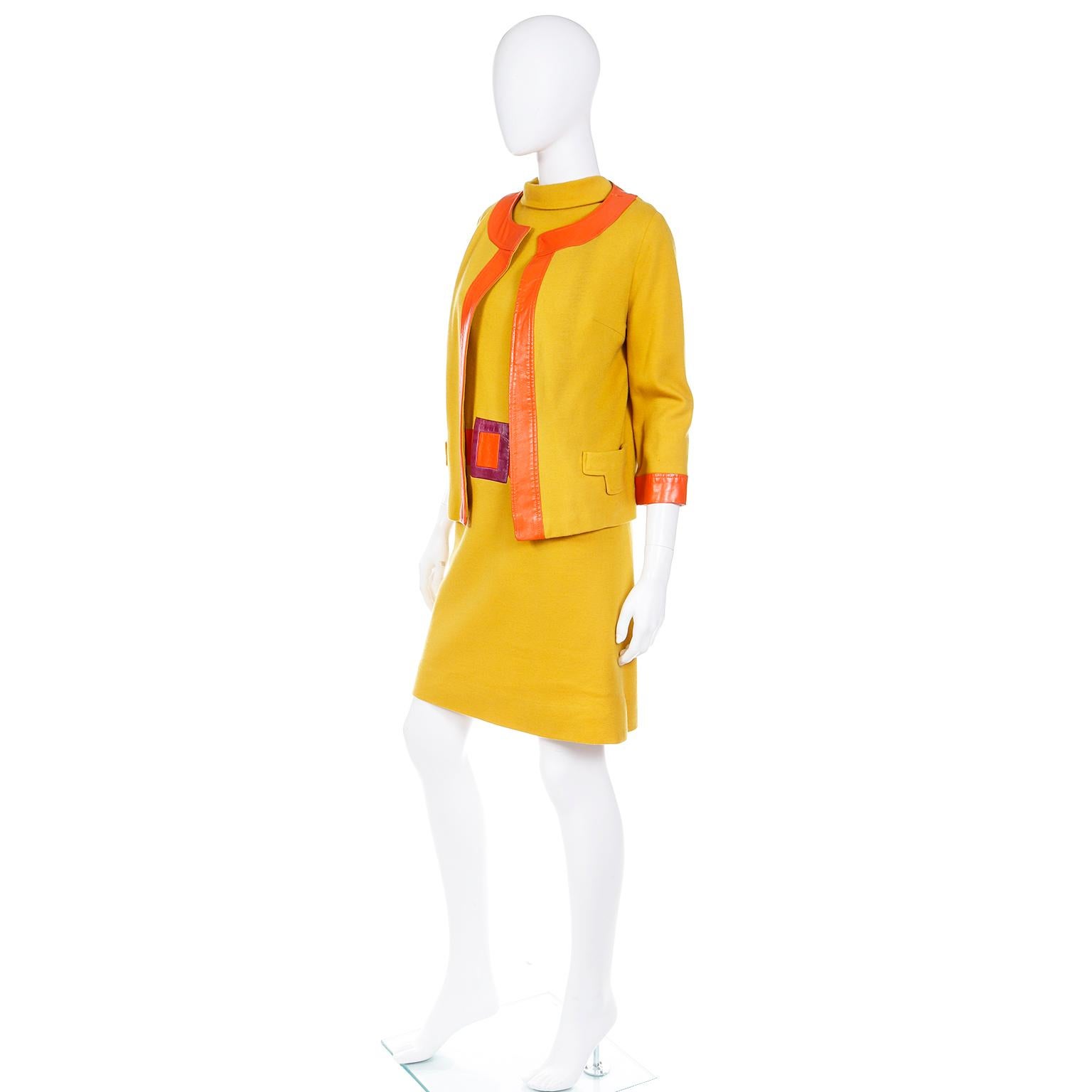 Vintage 1960s Mustard Yellow Trompe L'oeil Dress & Jacket W Orange & Purple Trim 2