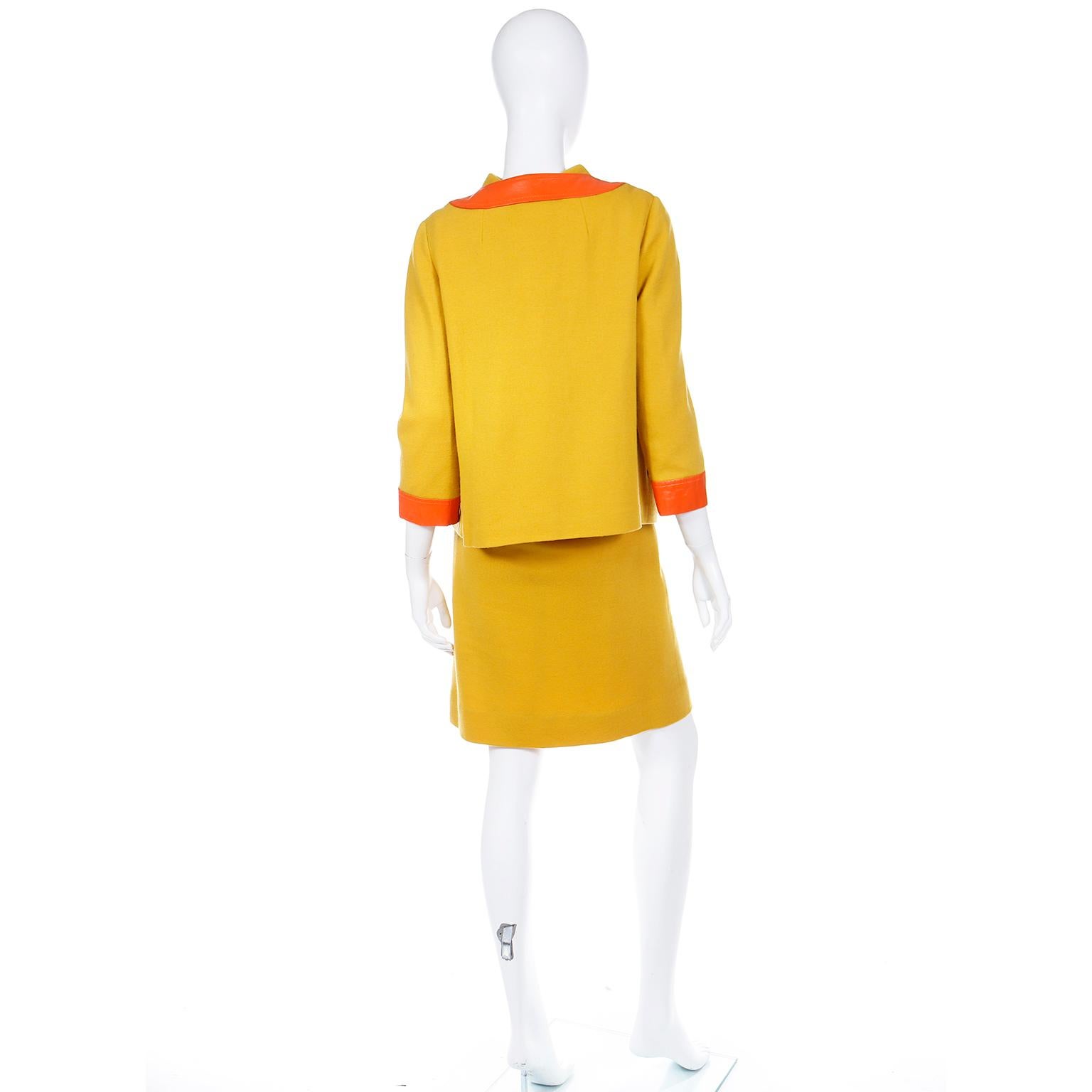 Vintage 1960s Mustard Yellow Trompe L'oeil Dress & Jacket W Orange & Purple Trim 3