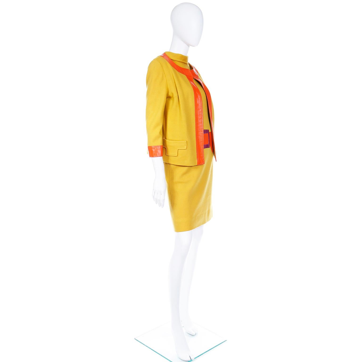 Vintage 1960s Mustard Yellow Trompe L'oeil Dress & Jacket W Orange & Purple Trim 4