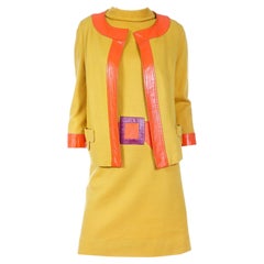 Vintage 1960s Mustard Yellow Trompe L'oeil Dress & Jacket W Orange & Purple Trim