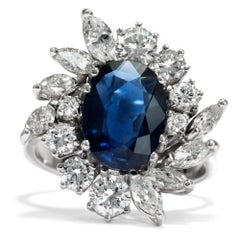 Vintage 1960s No Heat Untreated 3.50 Carat Blue Sapphire & Diamond Cocktail Ring