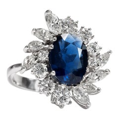 Vintage 1960s No Heat Untreated 3.50 Carat Blue Sapphire & Diamond Cocktail Ring