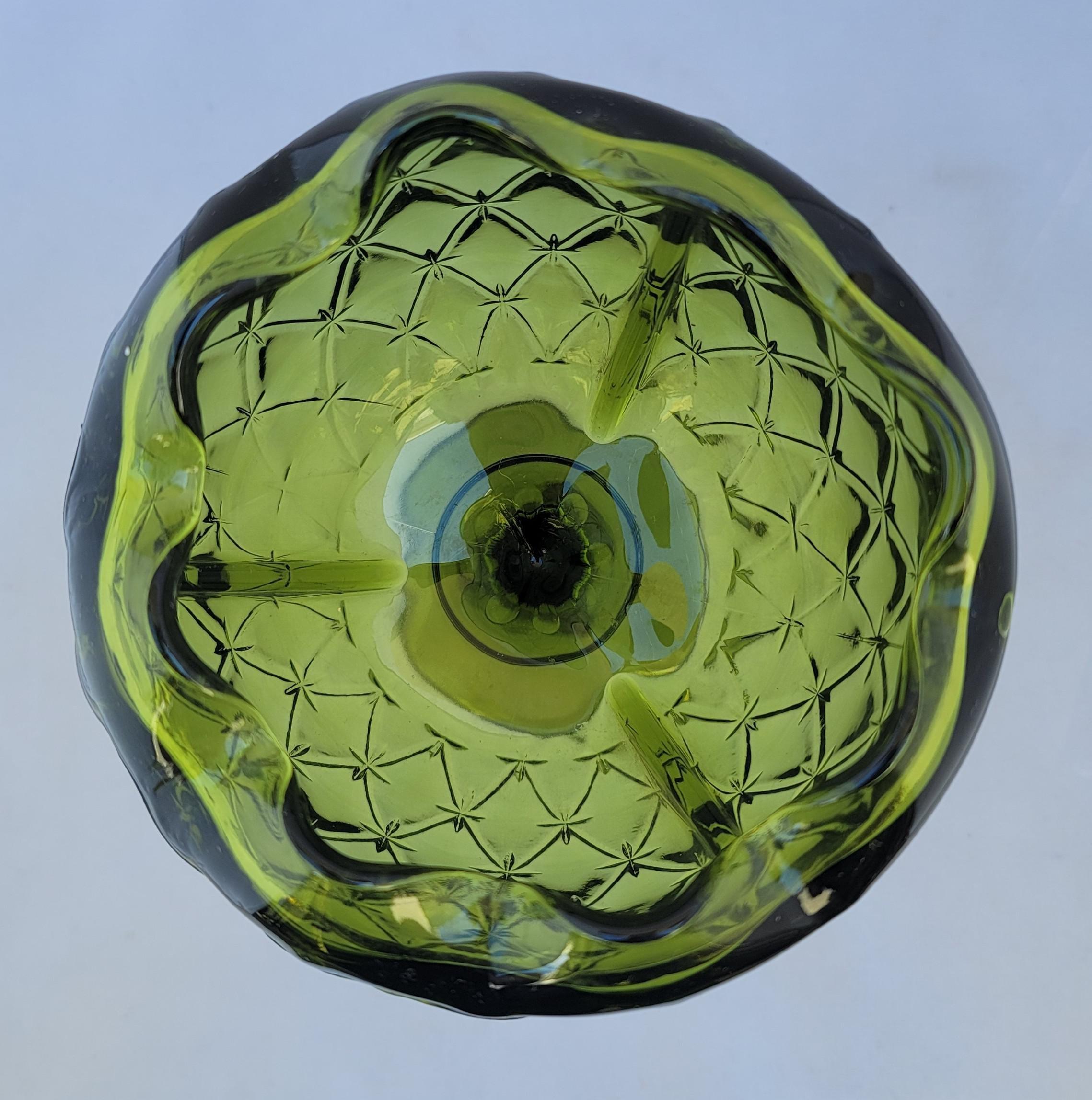 Vintage 1960s Olive Avocado Green Indiana Glass Duette Pattern Decorative Goblet In Good Condition For Sale In El Cerrito, CA