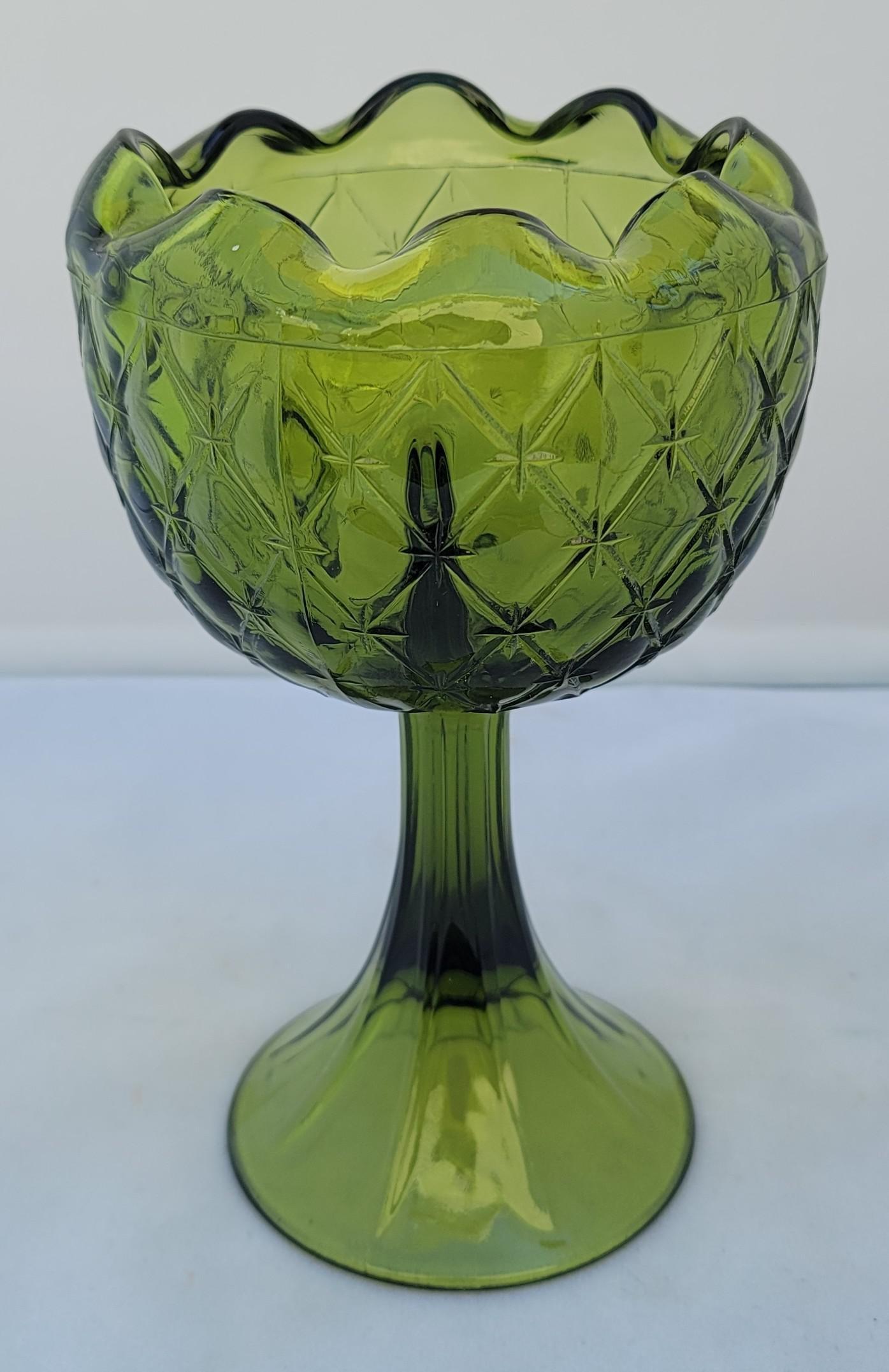 20th Century Vintage 1960s Olive Avocado Green Indiana Glass Duette Pattern Decorative Goblet For Sale