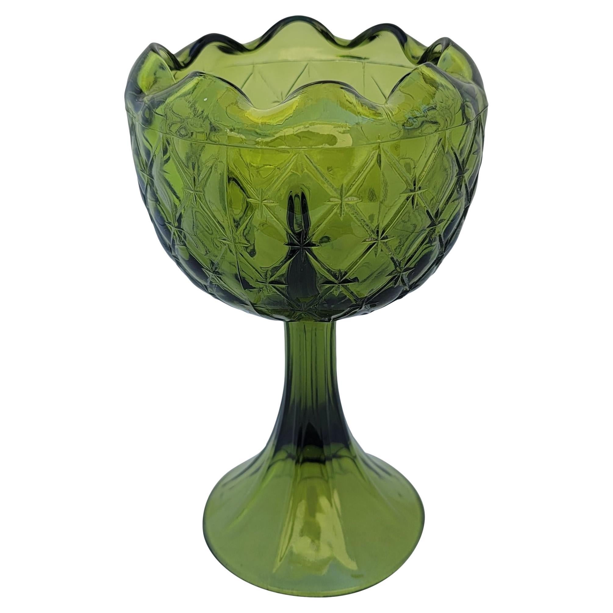 Vintage 1960s Olive Avocado Green Indiana Glass Duette Pattern Decorative Goblet For Sale