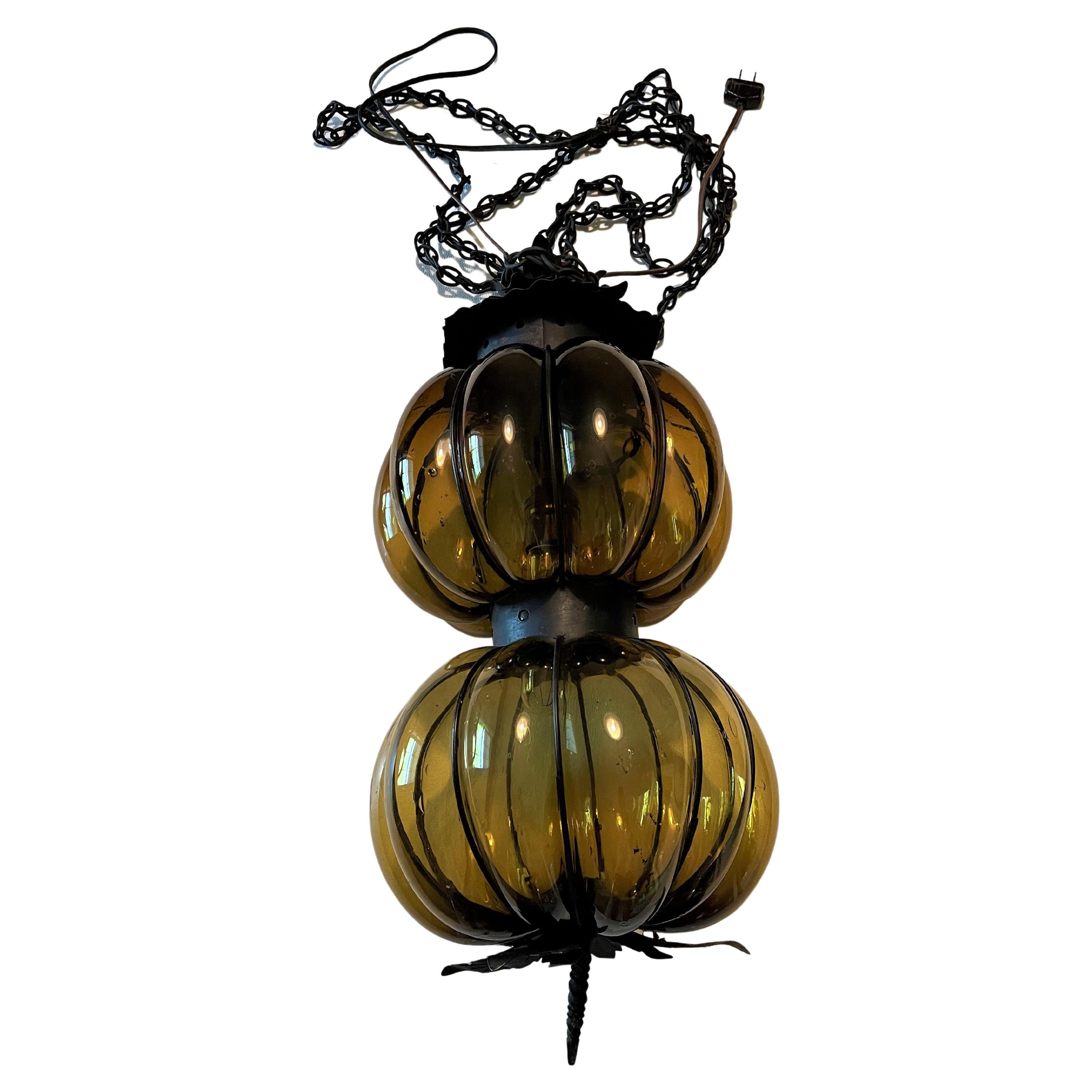 Vintage 1960s Olive-Green Glass and Black Iron Gourd Pendant Lamp For Sale