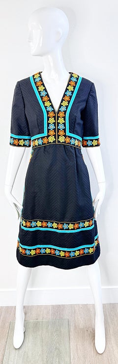 Vintage 1960s Oscar de la Renta Black Floral Embroidered 60s Cocktail Dress LBD